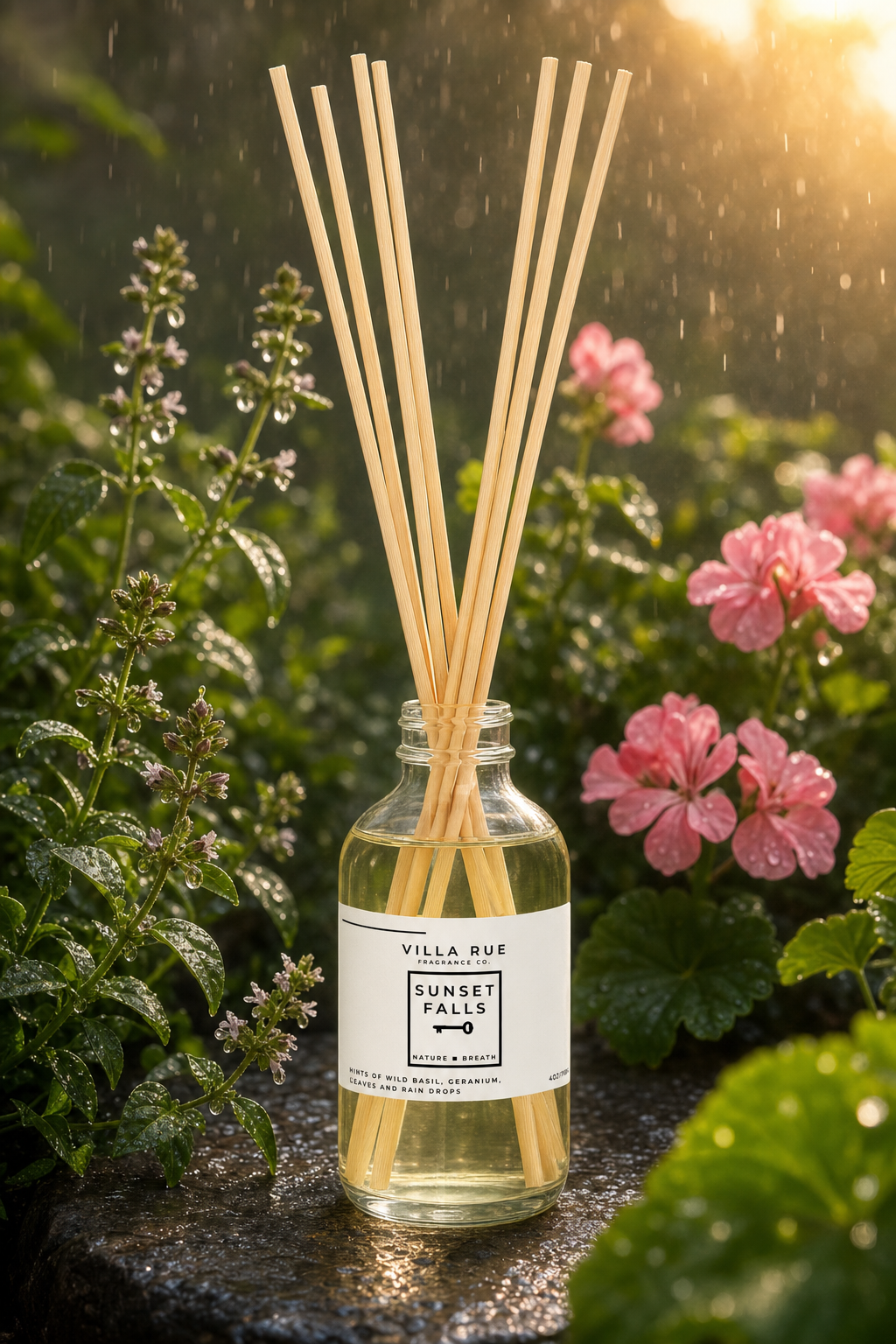 Villa Rue Sunset Falls reed diffuser — themed scene