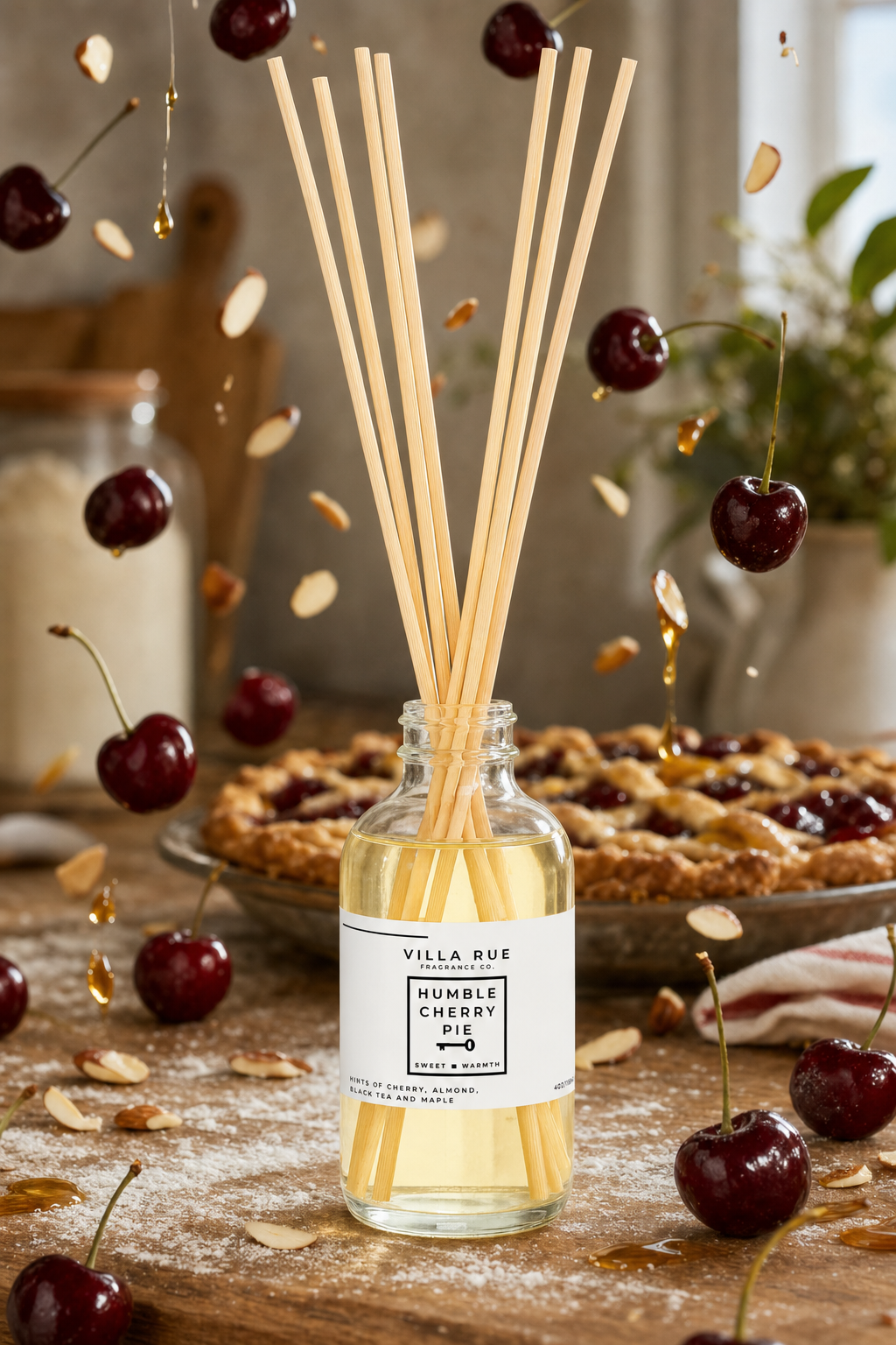 Villa Rue Humble Cherry Pie reed diffuser — themed scene