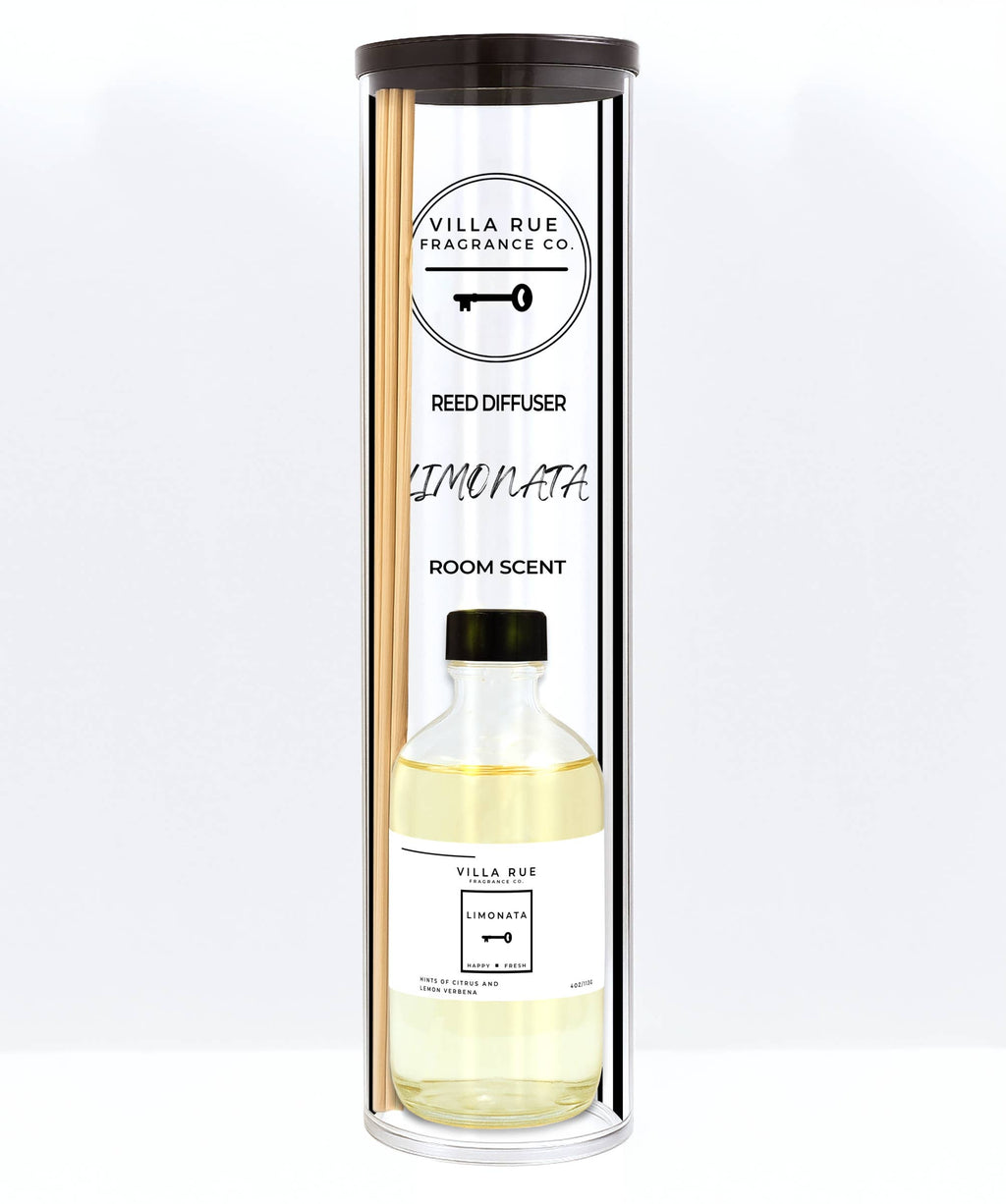 Villa Rue Limonata reed diffuser — bottle packaged in the display tube