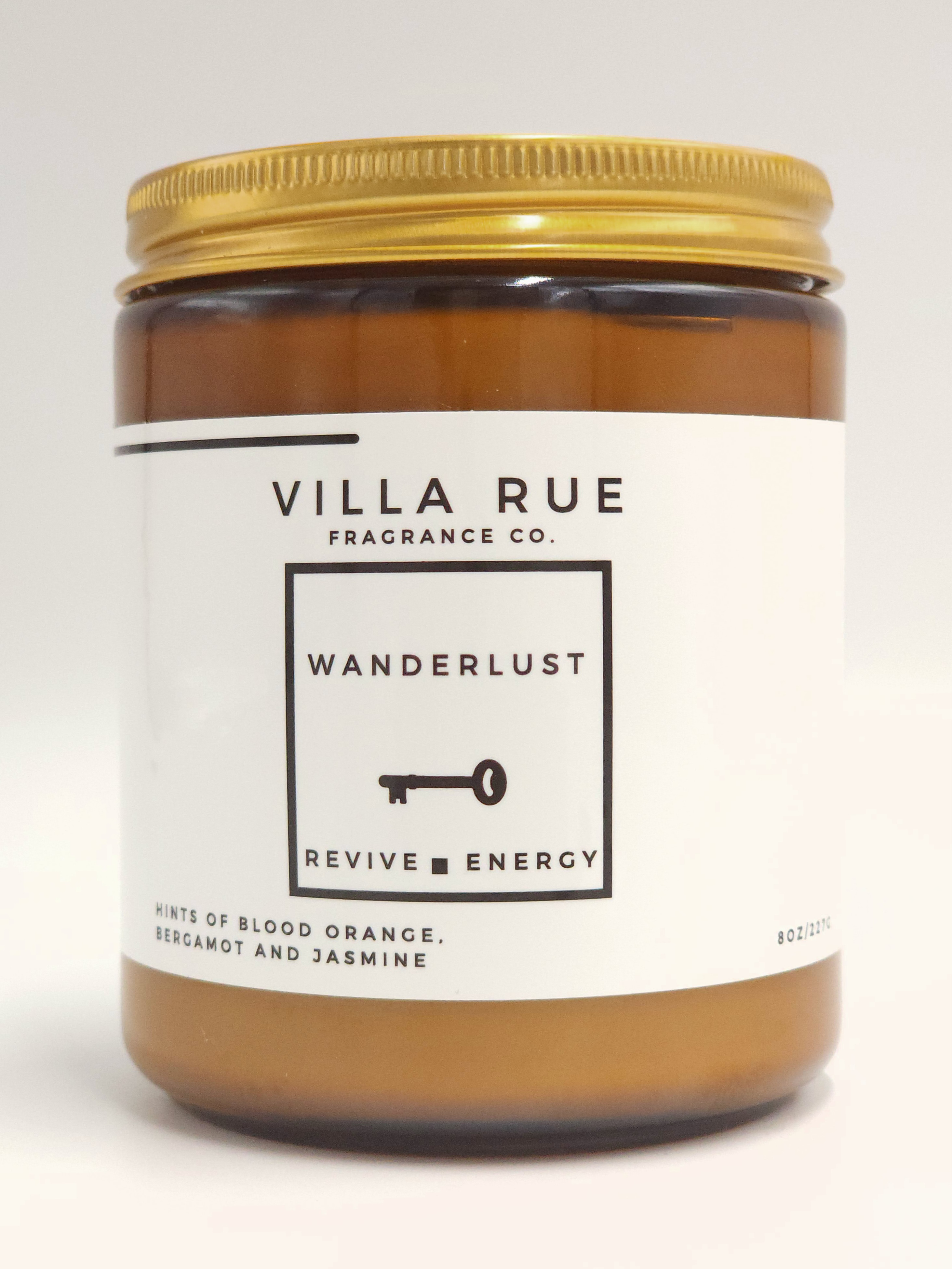 Villa Rue Wanderlust soy candle — 8oz Amber Jar