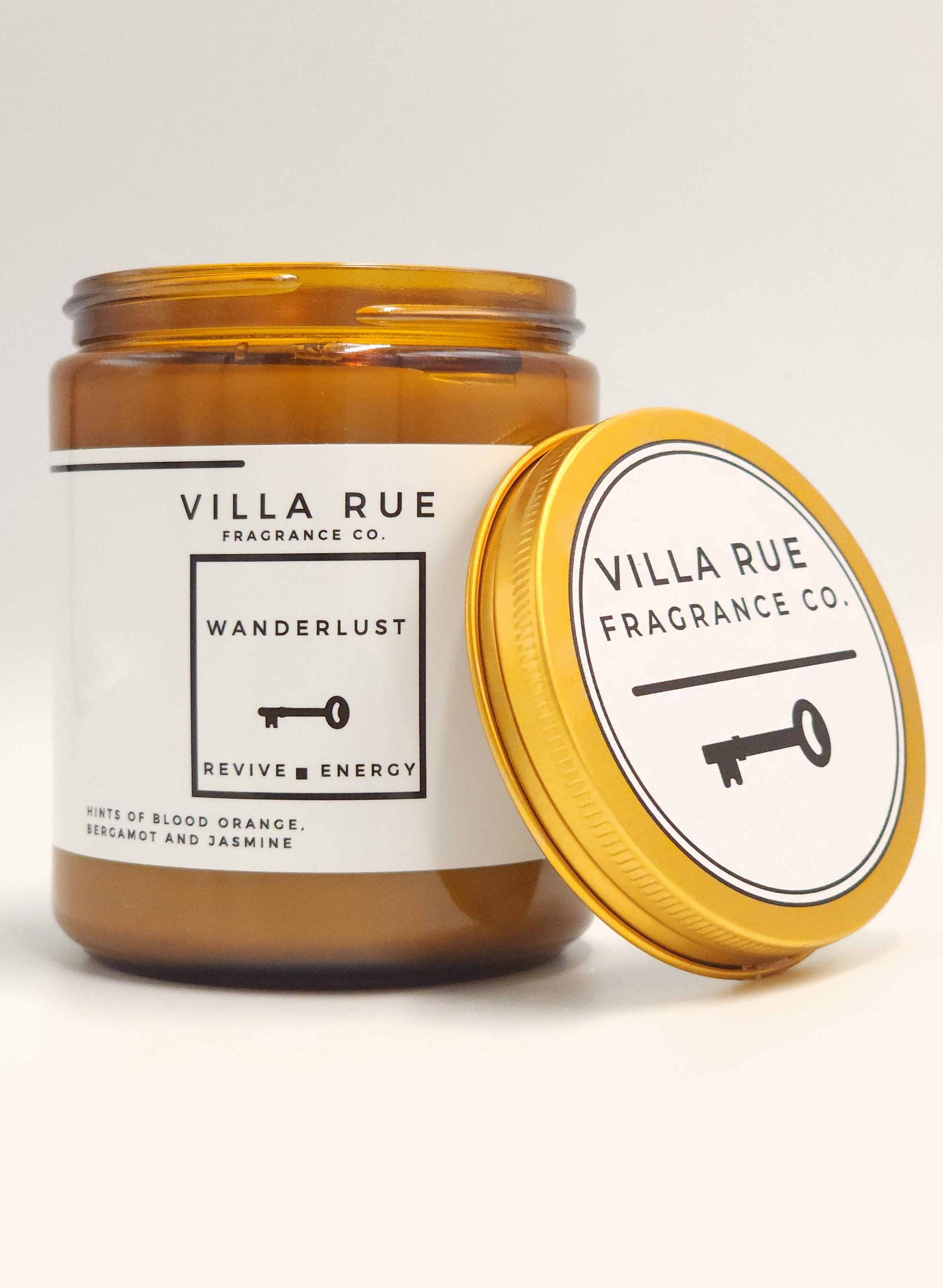 Villa Rue Wanderlust soy candle — 8oz Amber Jar