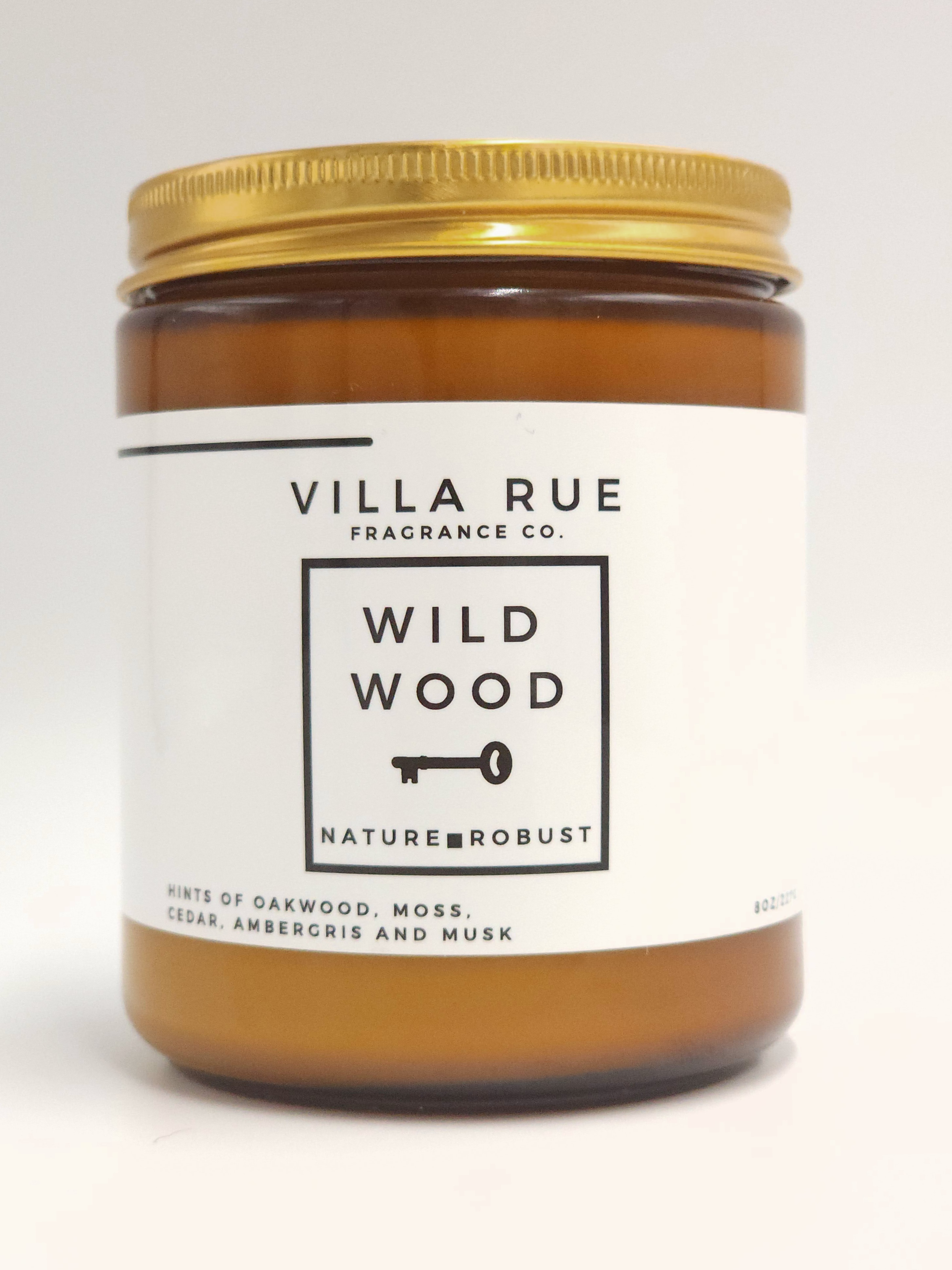 Villa Rue Wild Wood soy candle — 8oz Amber Jar