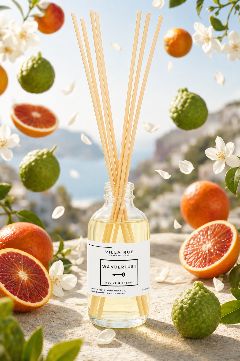Villa Rue Wanderlust reed diffuser — themed scene