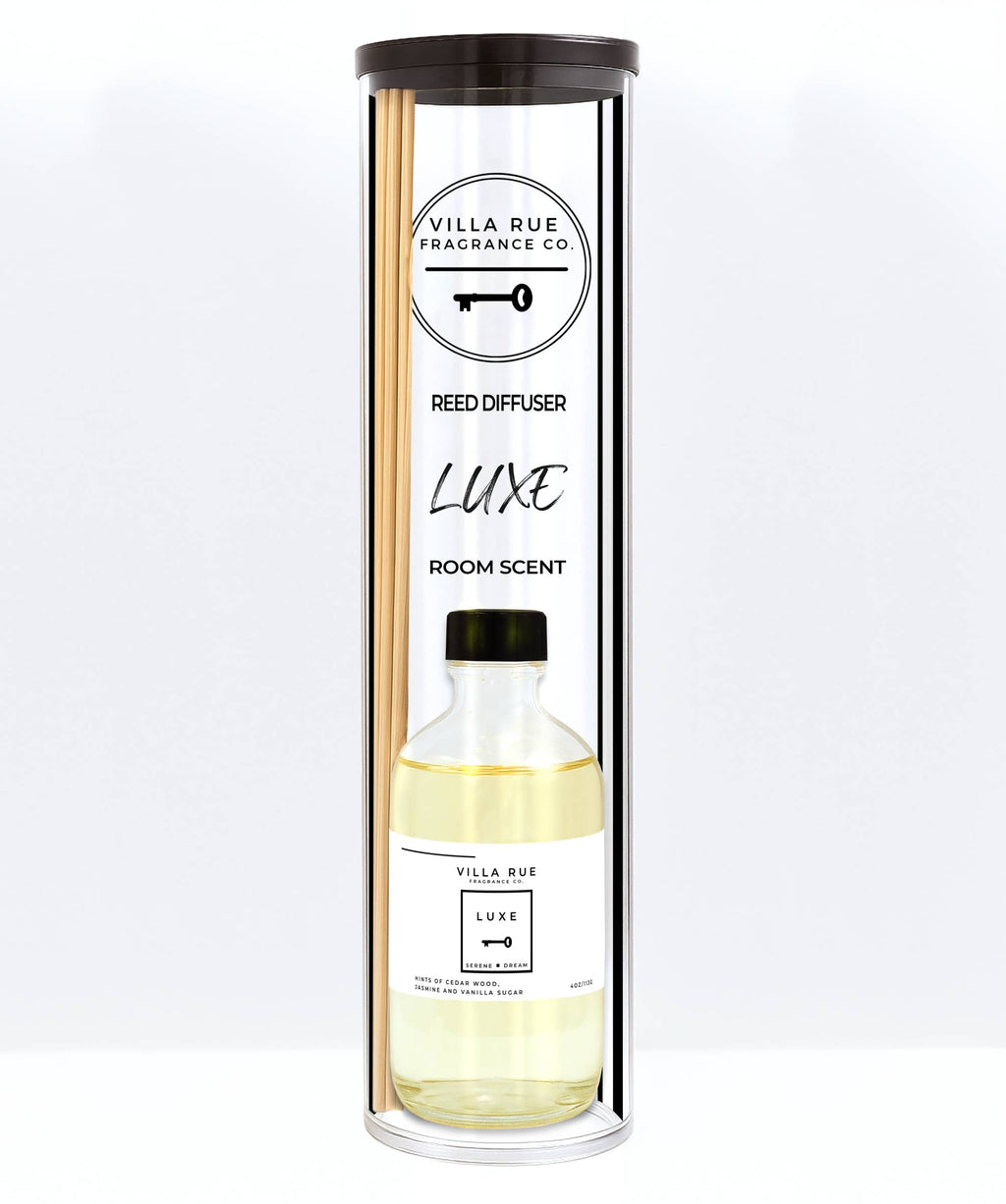 Villa Rue Luxe reed diffuser — bottle packaged in the display tube