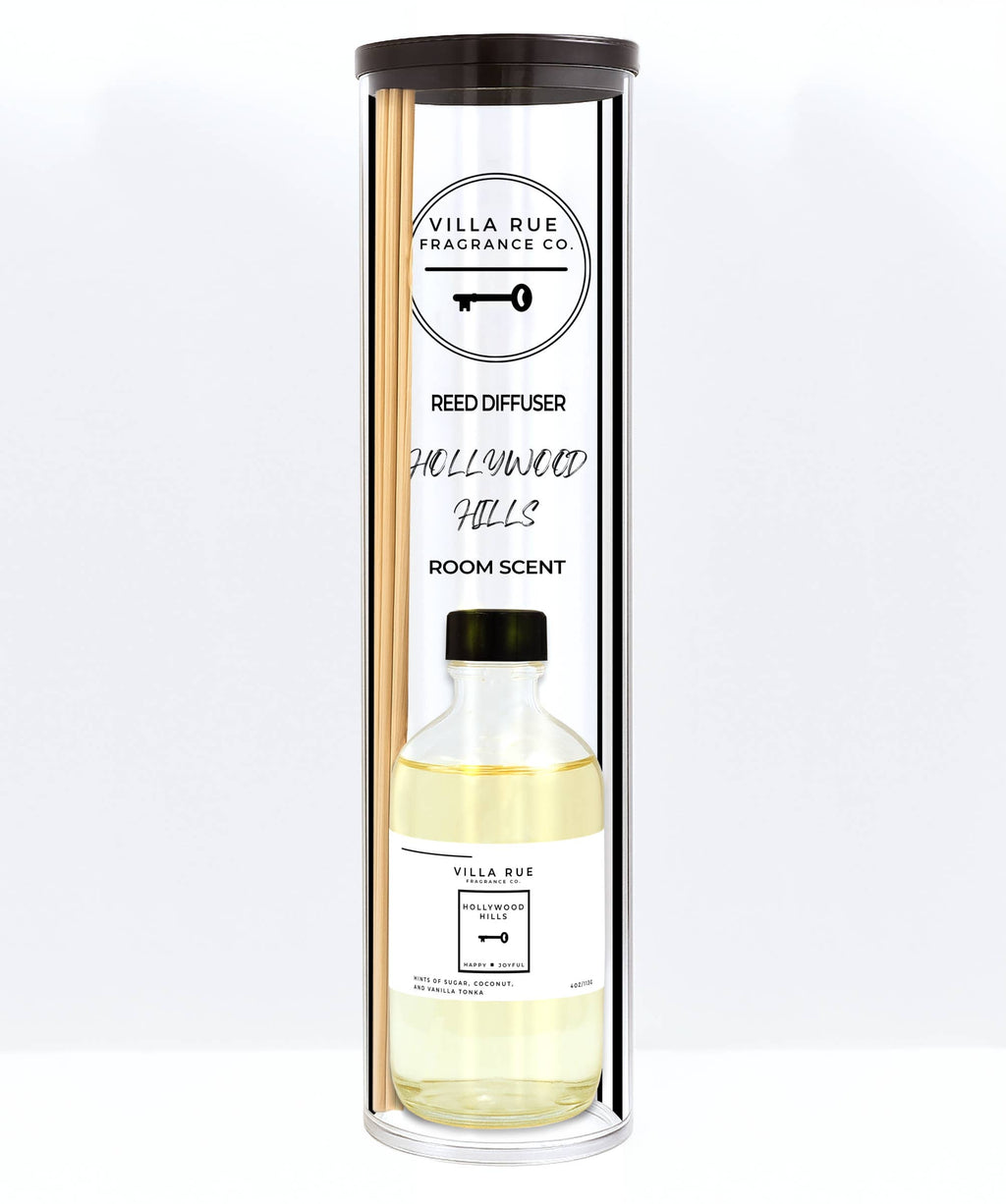 Villa Rue Hollywood Hills reed diffuser — bottle packaged in the display tube