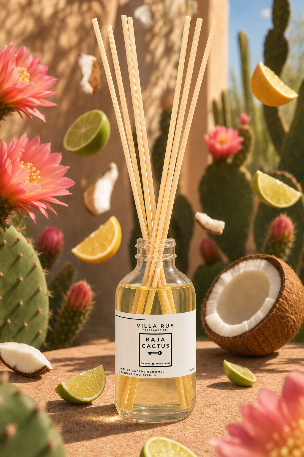 Villa Rue Baja Cactus reed diffuser — themed scene