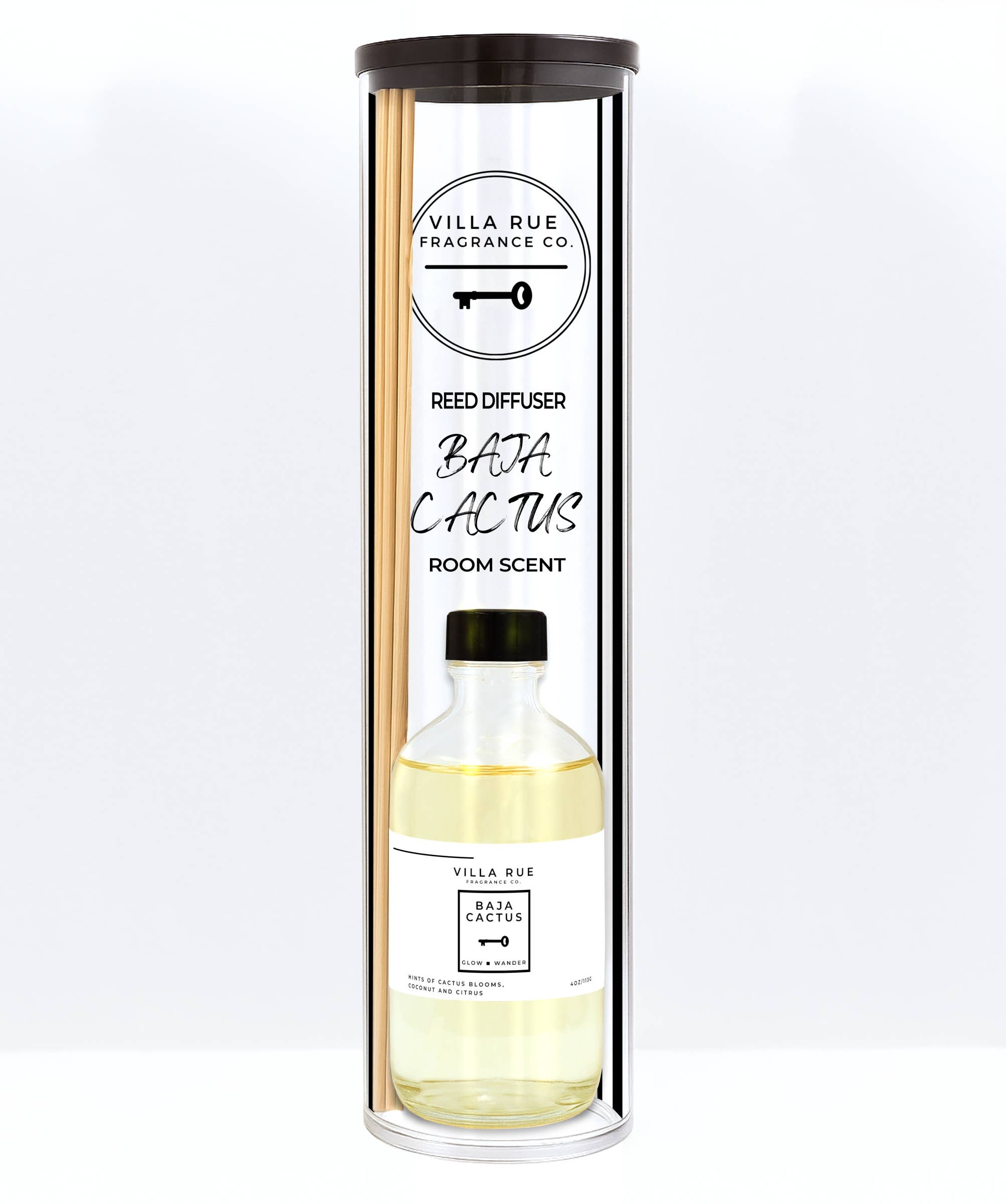 Villa Rue Baja Cactus reed diffuser — bottle packaged in the display tube