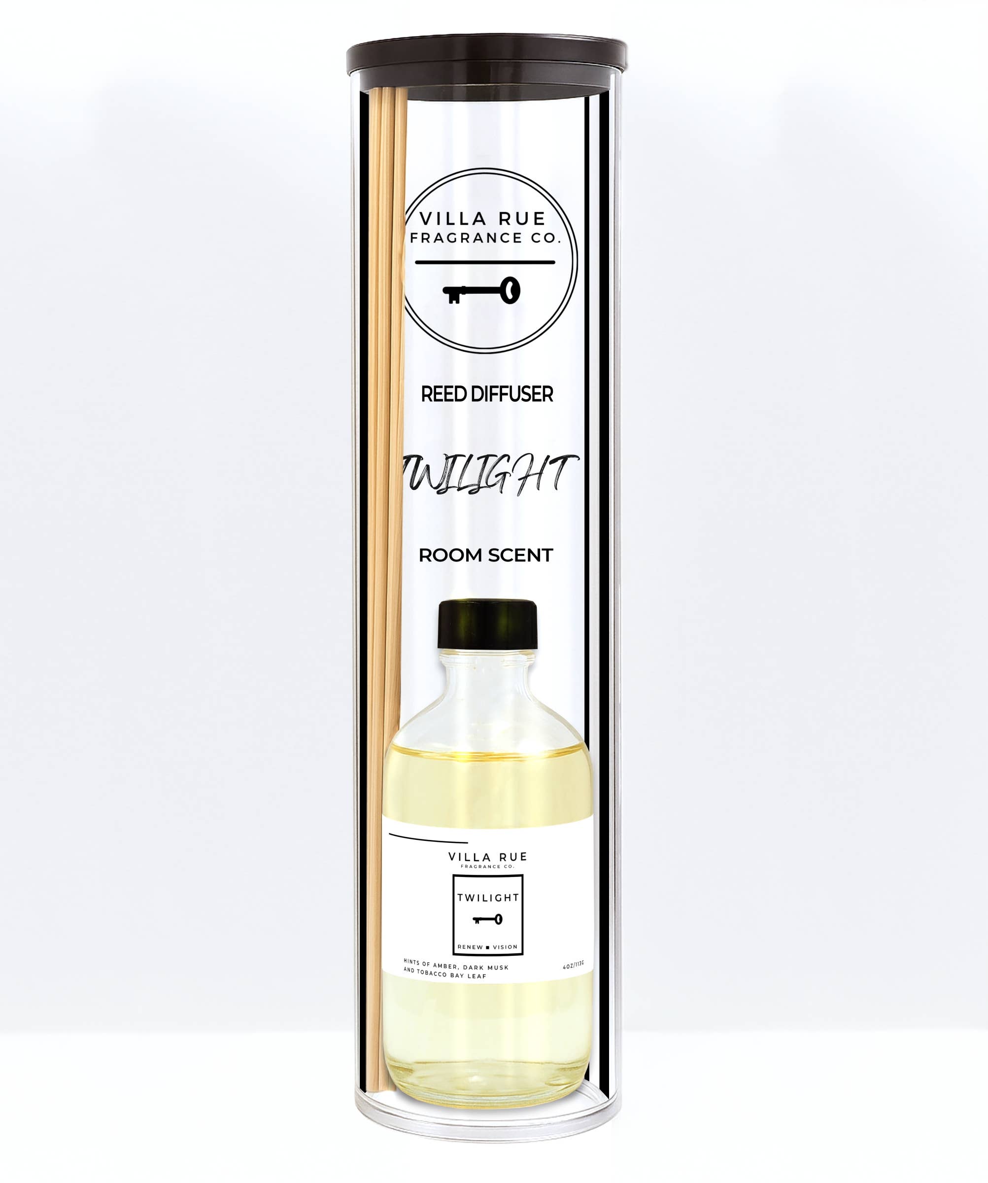 Villa Rue Twilight reed diffuser — bottle packaged in the display tube