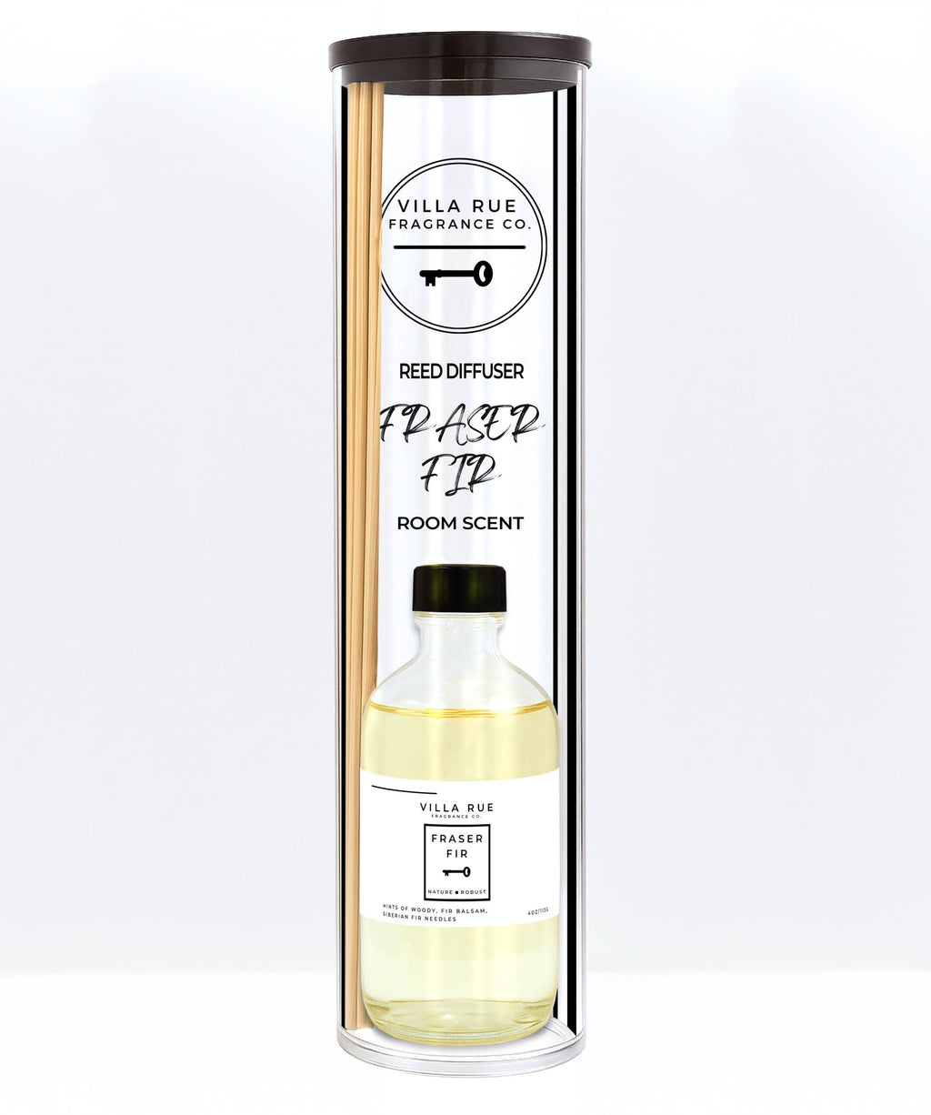 Villa Rue Fraser Fir reed diffuser — bottle packaged in the display tube
