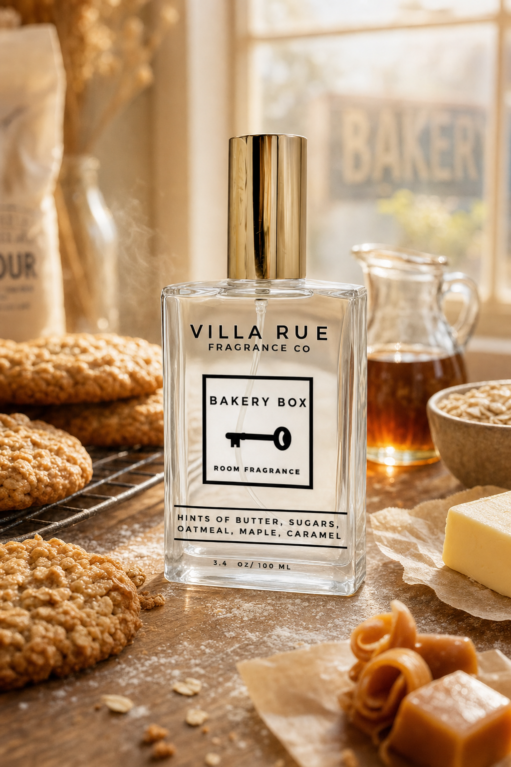 Villa Rue Bakery Box room & body mist — themed scene (v2)