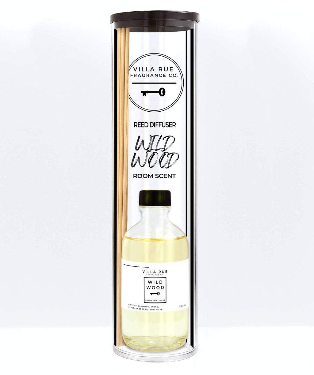 Villa Rue Wild Wood reed diffuser — bottle packaged in the display tube