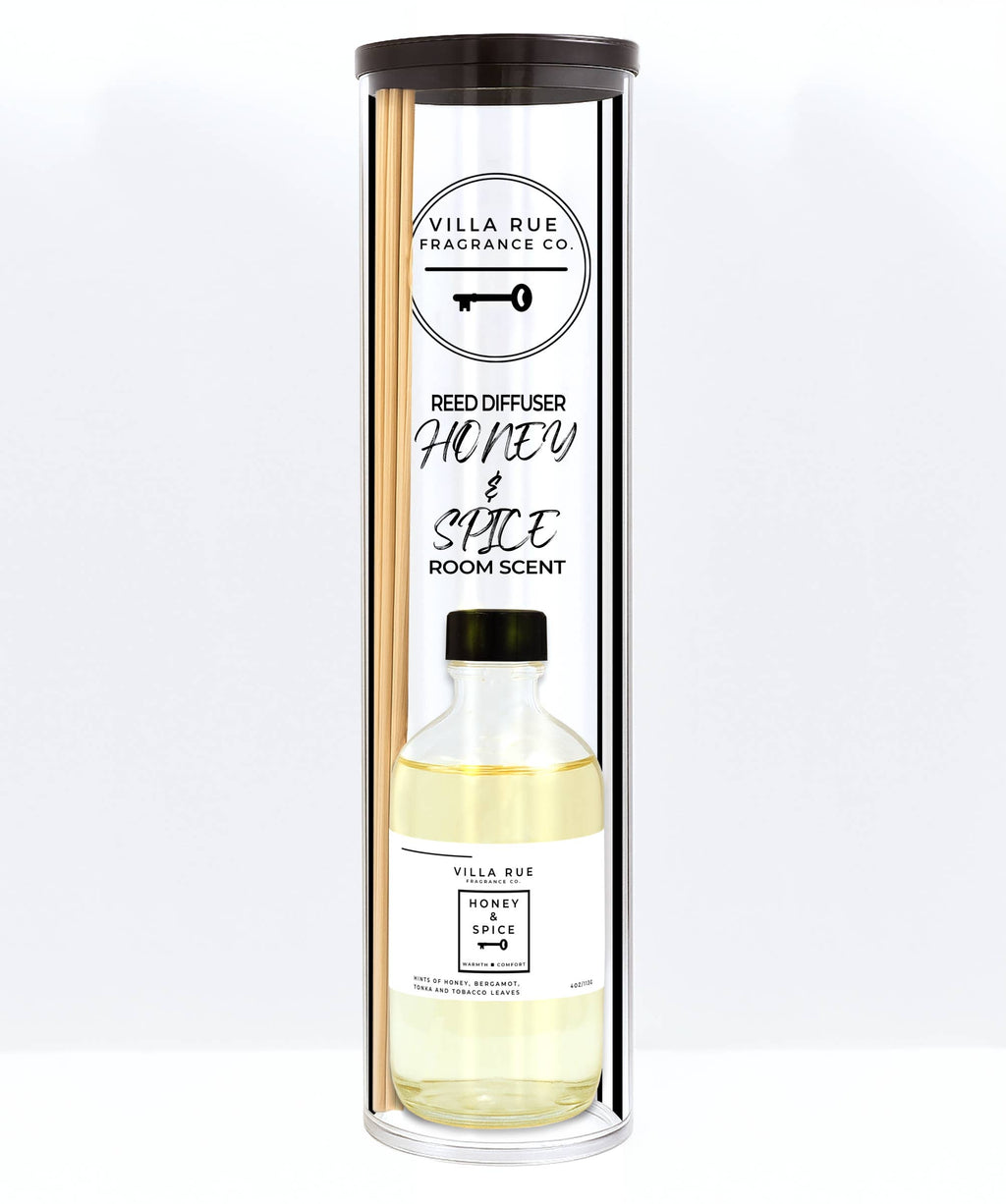 Villa Rue Honey & Spice reed diffuser — bottle packaged in the display tube