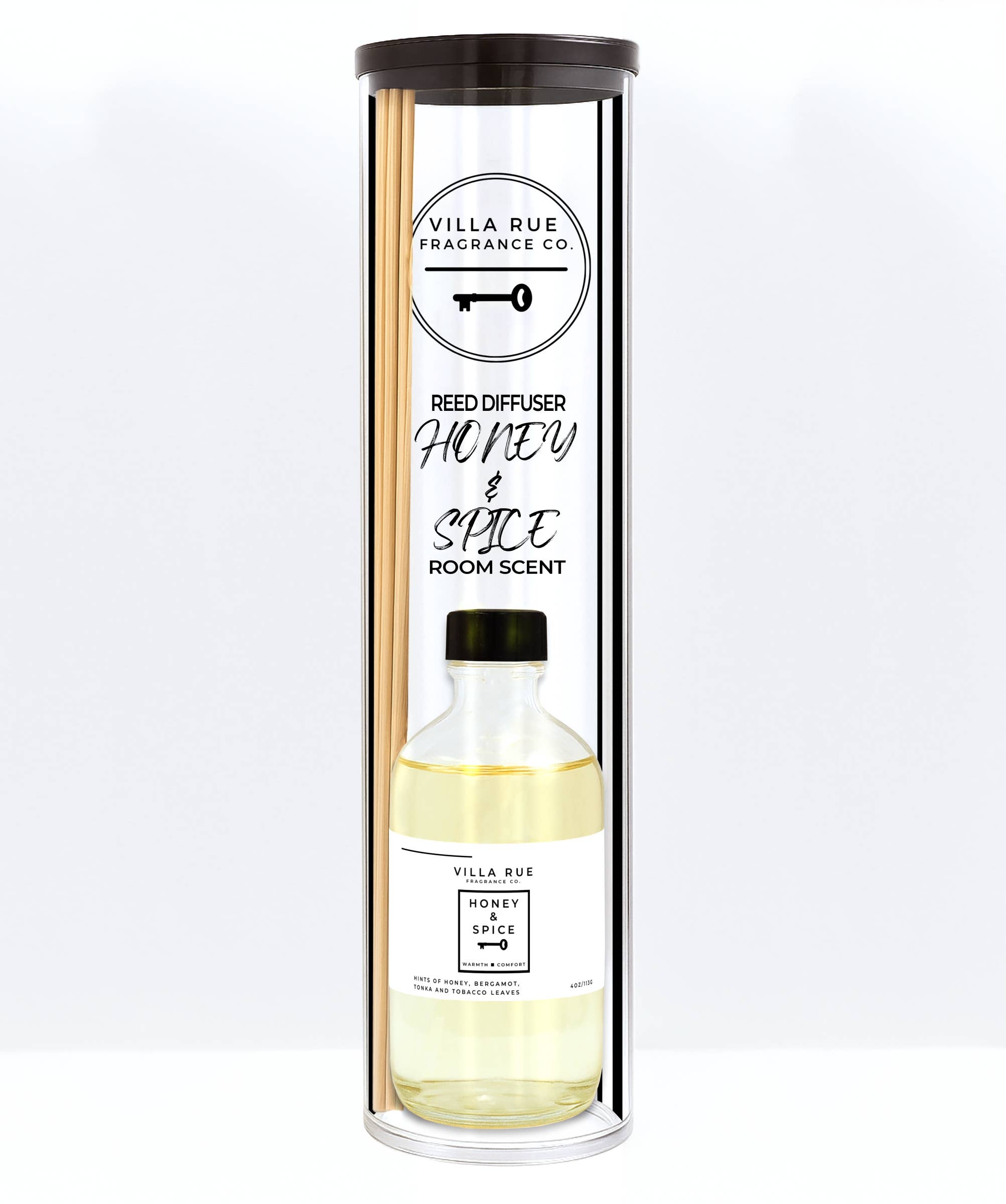 Villa Rue Honey & Spice reed diffuser — bottle packaged in the display tube