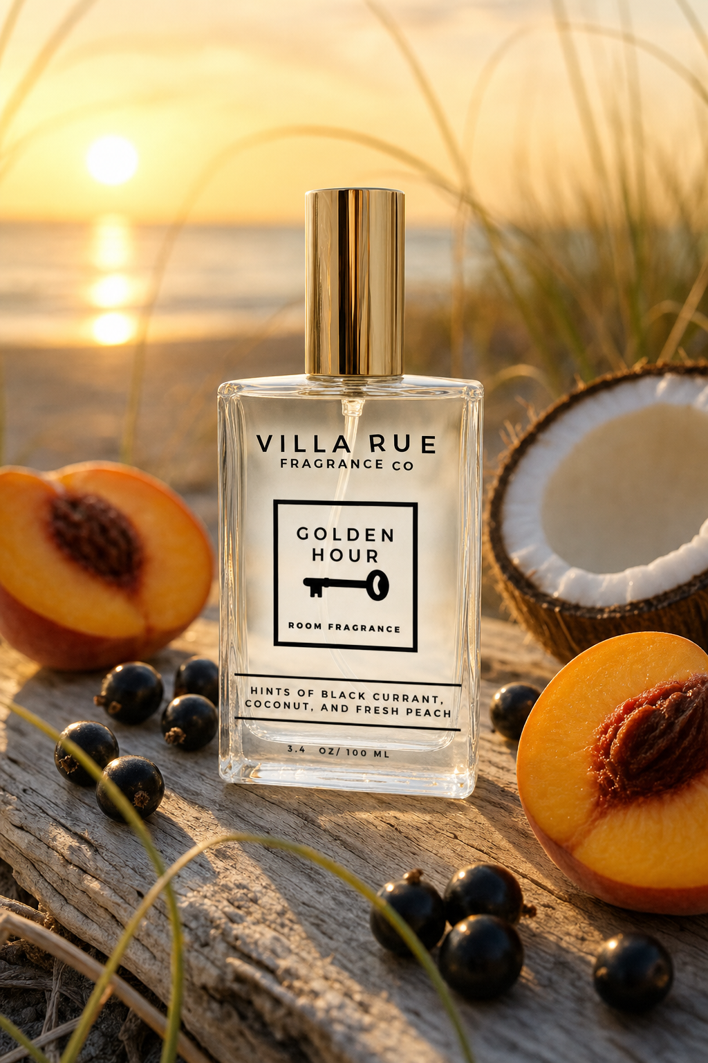 Villa Rue Golden Hour room & body mist — themed scene (v2)