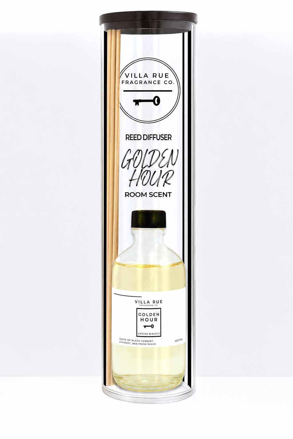 Villa Rue Golden Hour reed diffuser — bottle packaged in the display tube