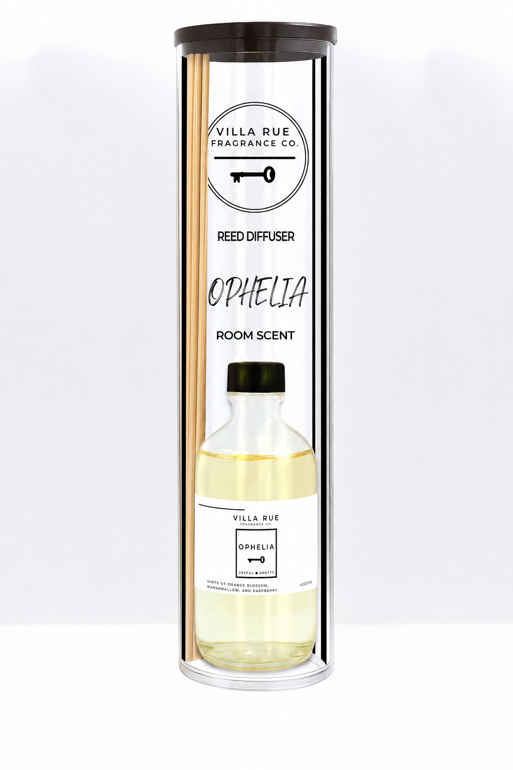 Villa Rue Ophelia reed diffuser — bottle packaged in the display tube