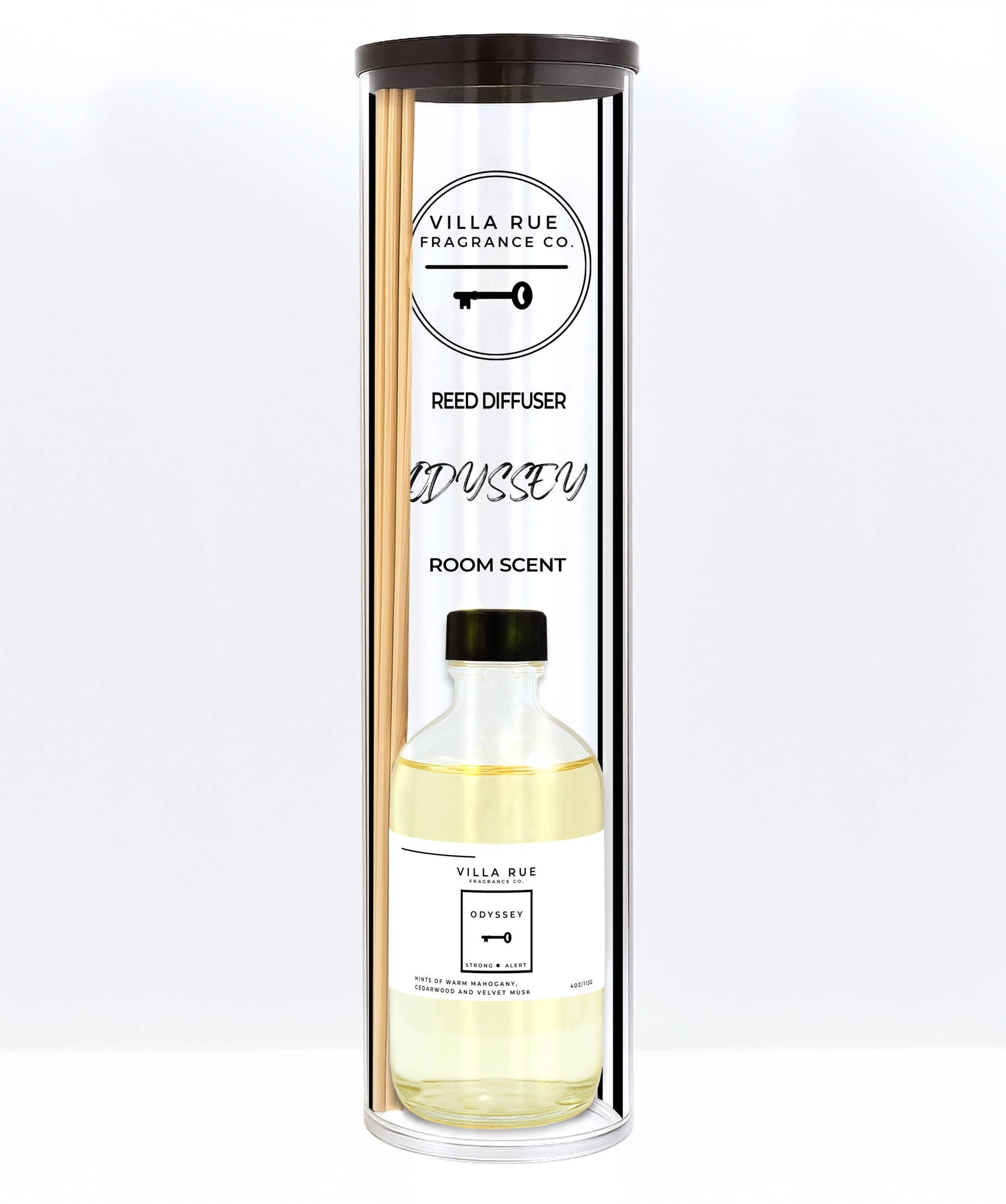 Villa Rue Odyssey reed diffuser — bottle packaged in the display tube