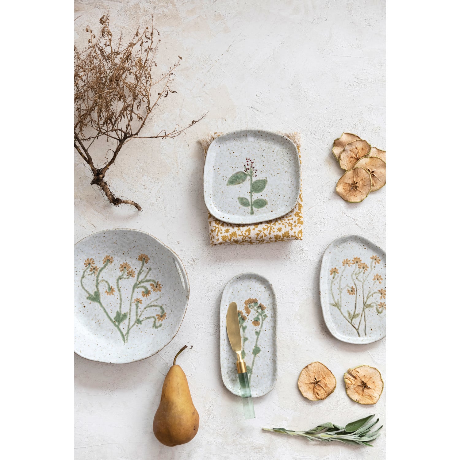 Hand-Painted Botanical Bowl with Handles