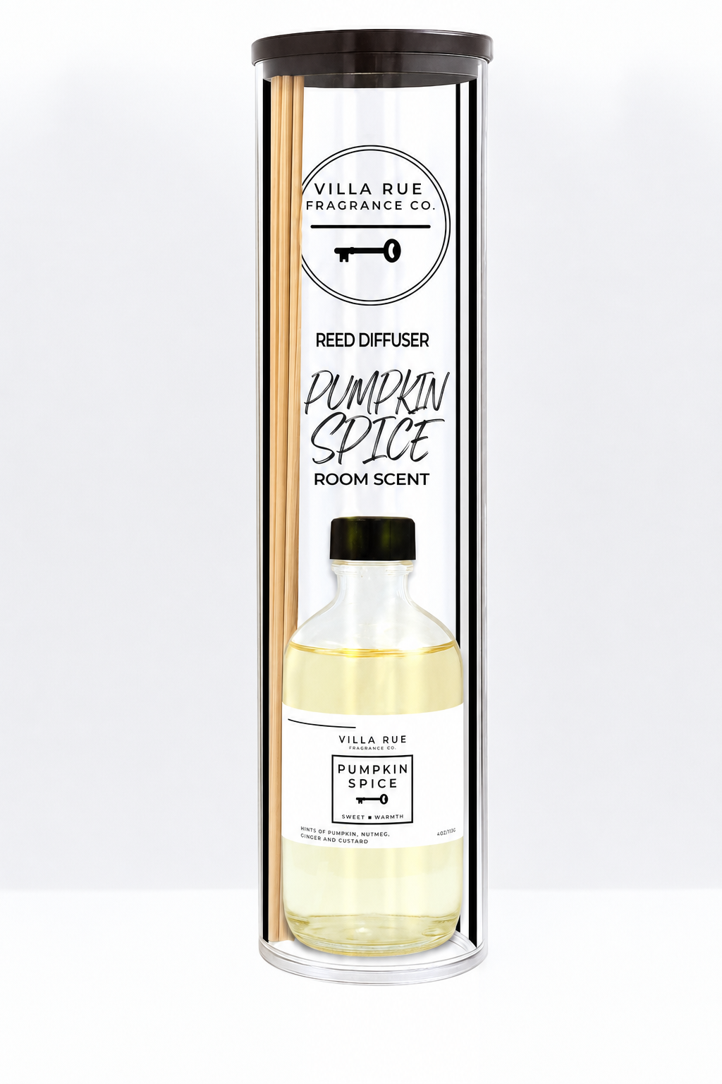 Villa Rue Pumpkin Spice reed diffuser — bottle packaged in the display tube