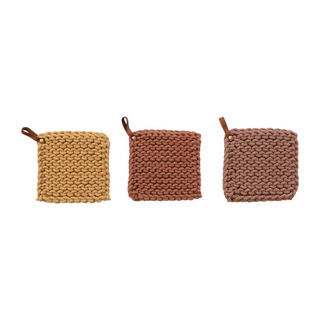 Hand-Crocheted Pot Holder with Leather Loop — Pumpkin Spice