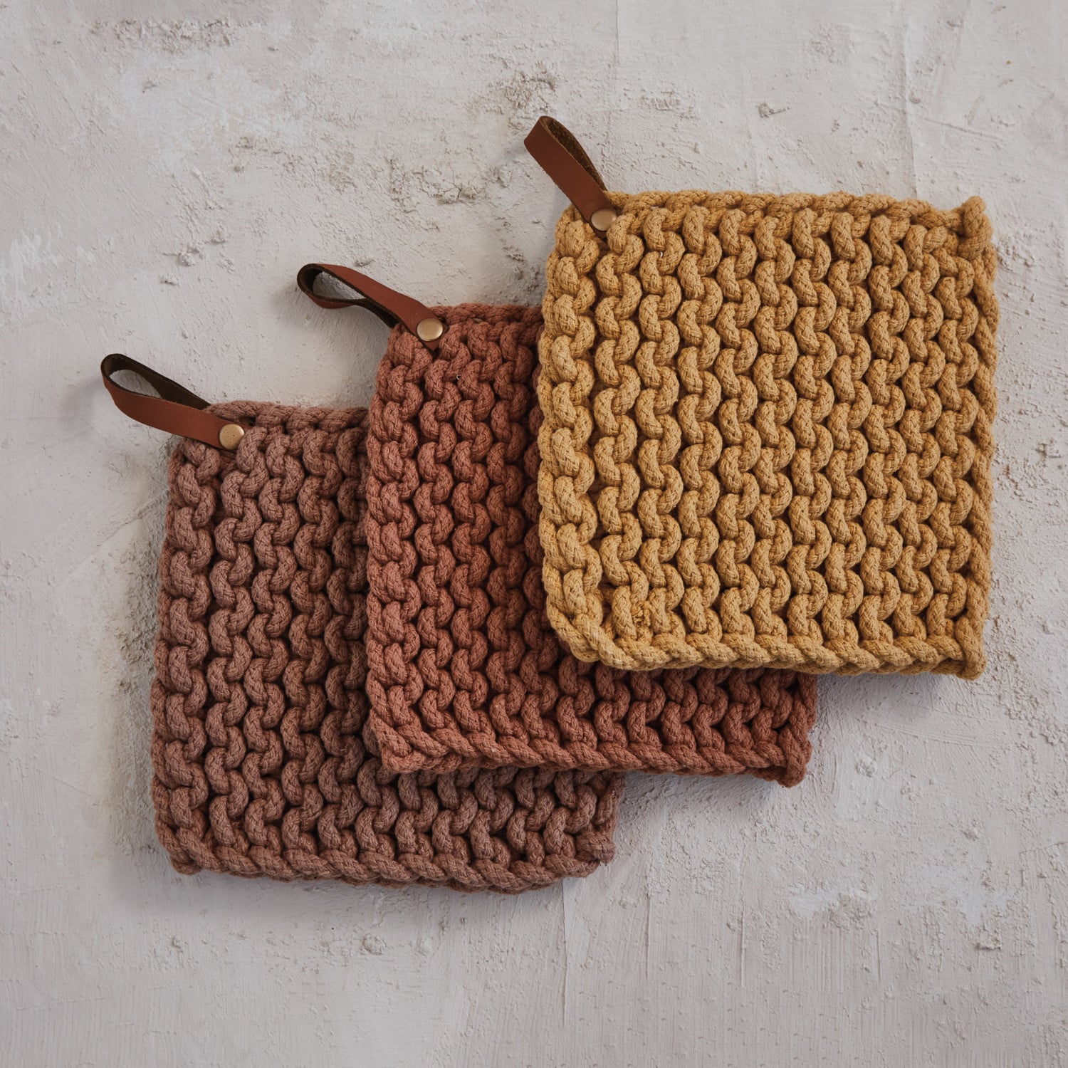 Hand-Crocheted Pot Holder with Leather Loop — Pumpkin Spice