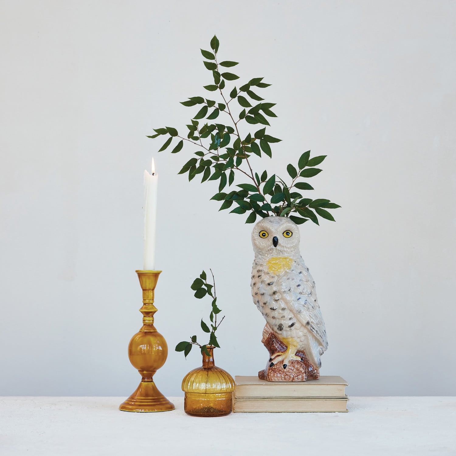 Hand-Painted Stoneware Owl Vase