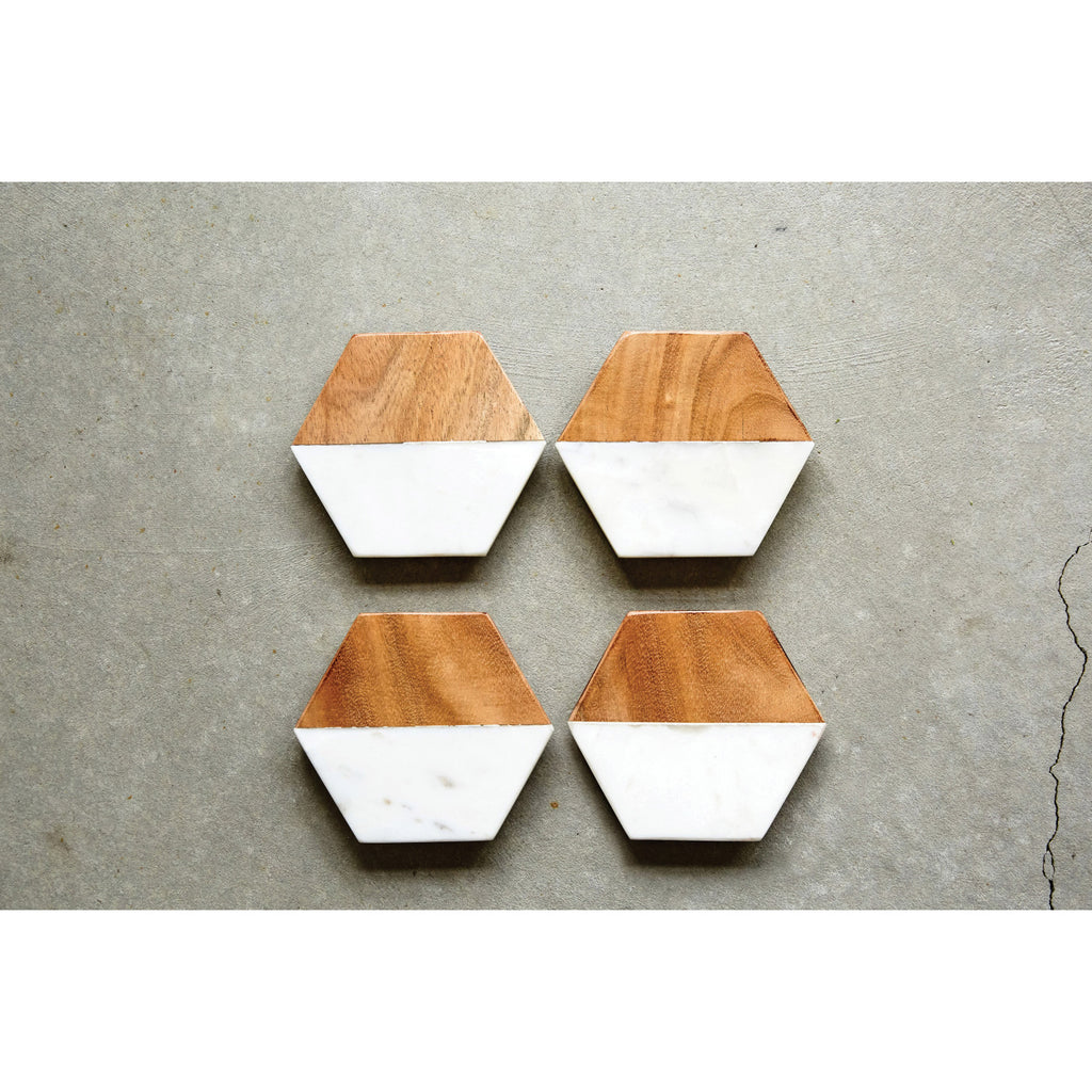 Marble and Mango Wood Hexagon Coasters