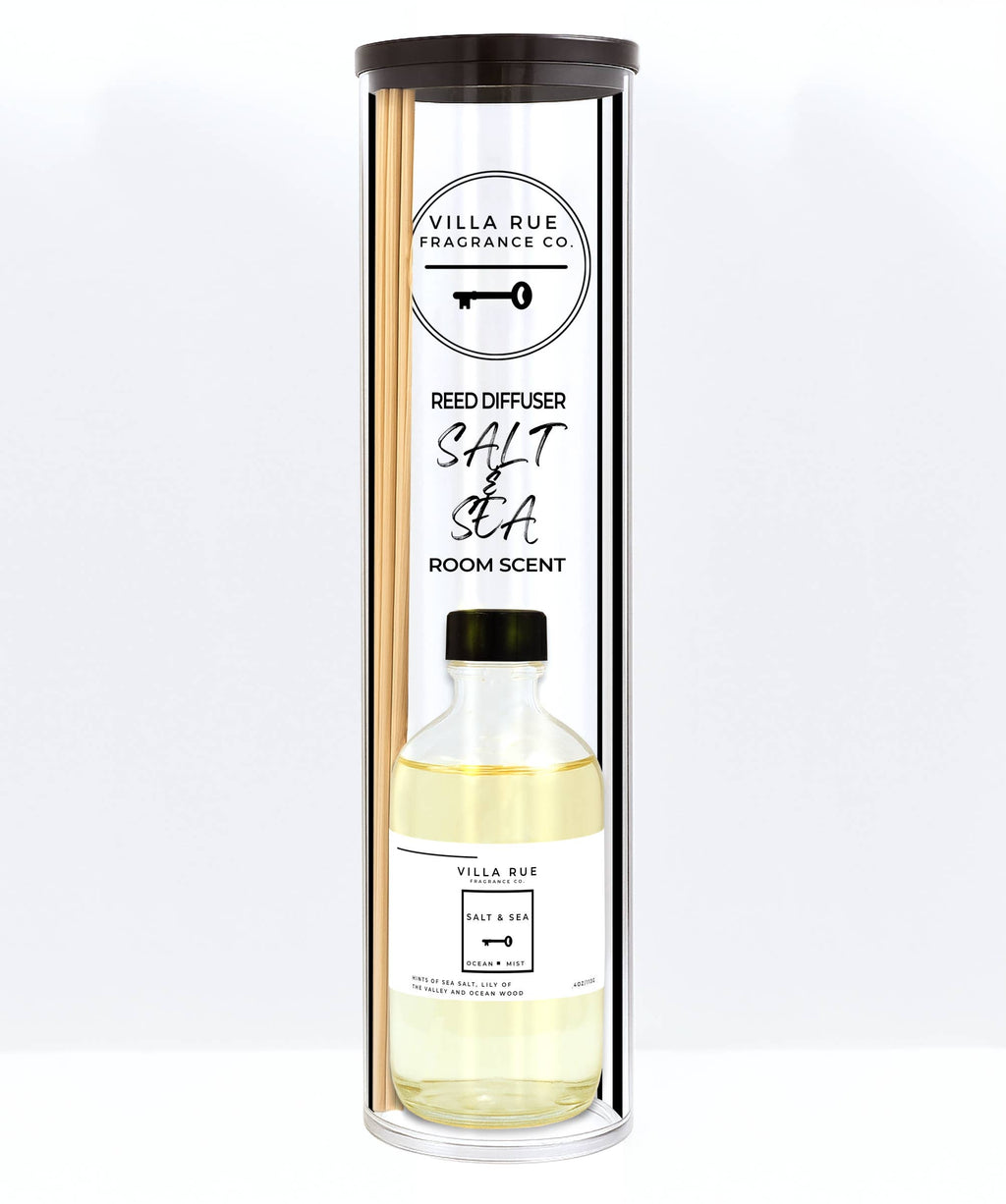 Villa Rue Salt & Sea reed diffuser — bottle packaged in the display tube