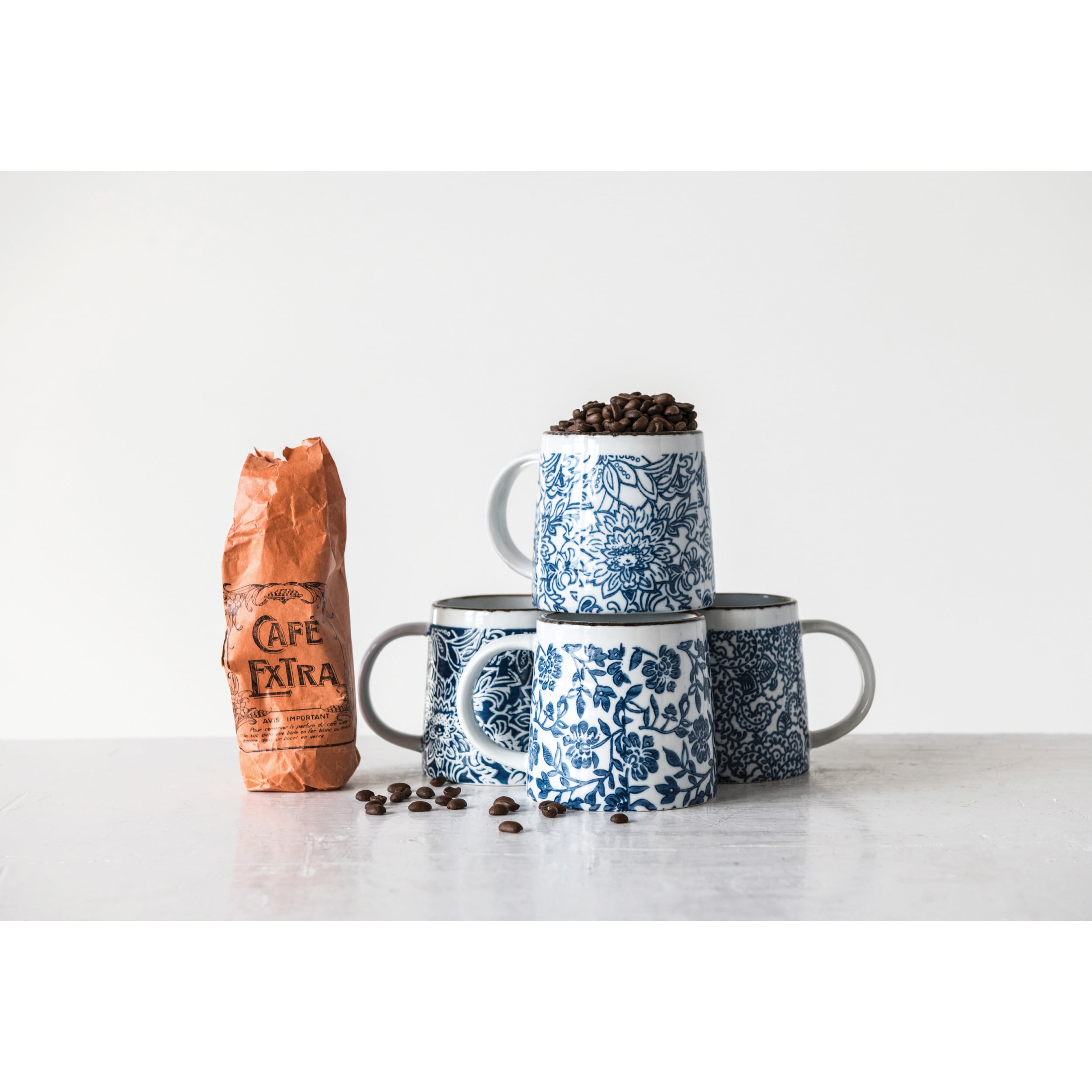 Blue Floral Glazed Stoneware Mug