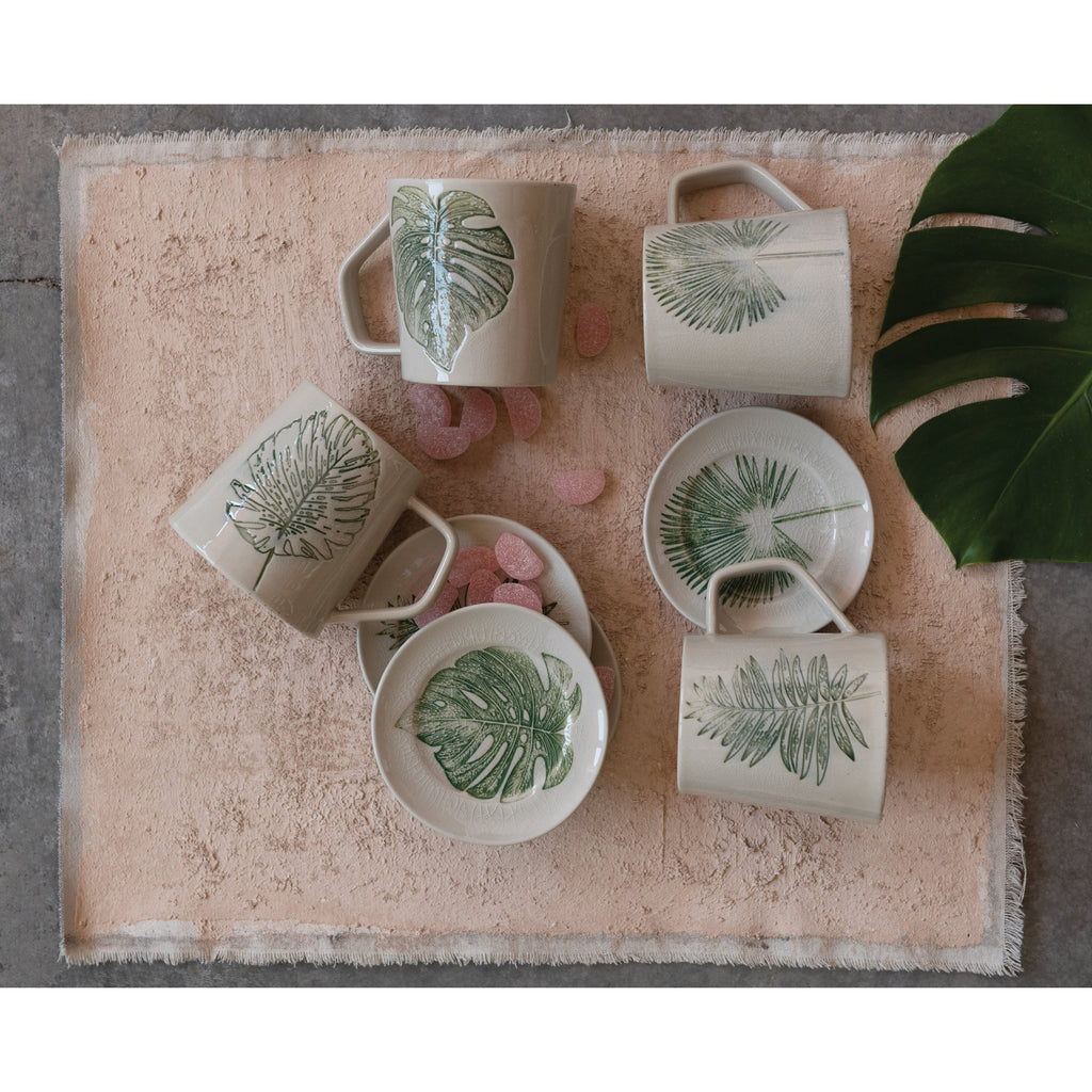 Leaf-Patterned Stoneware Mug