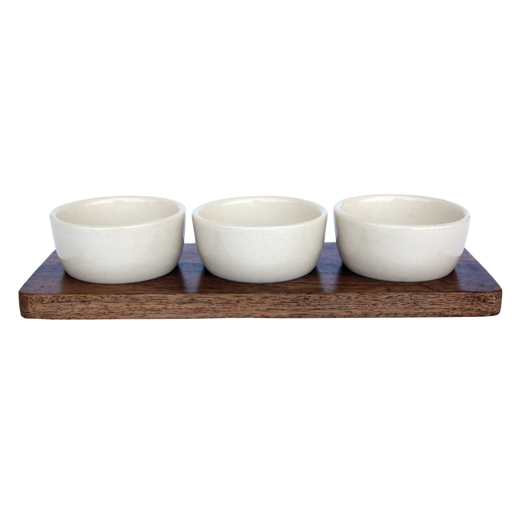 Cream Stoneware Dip Bowls with Mango Wood Tray