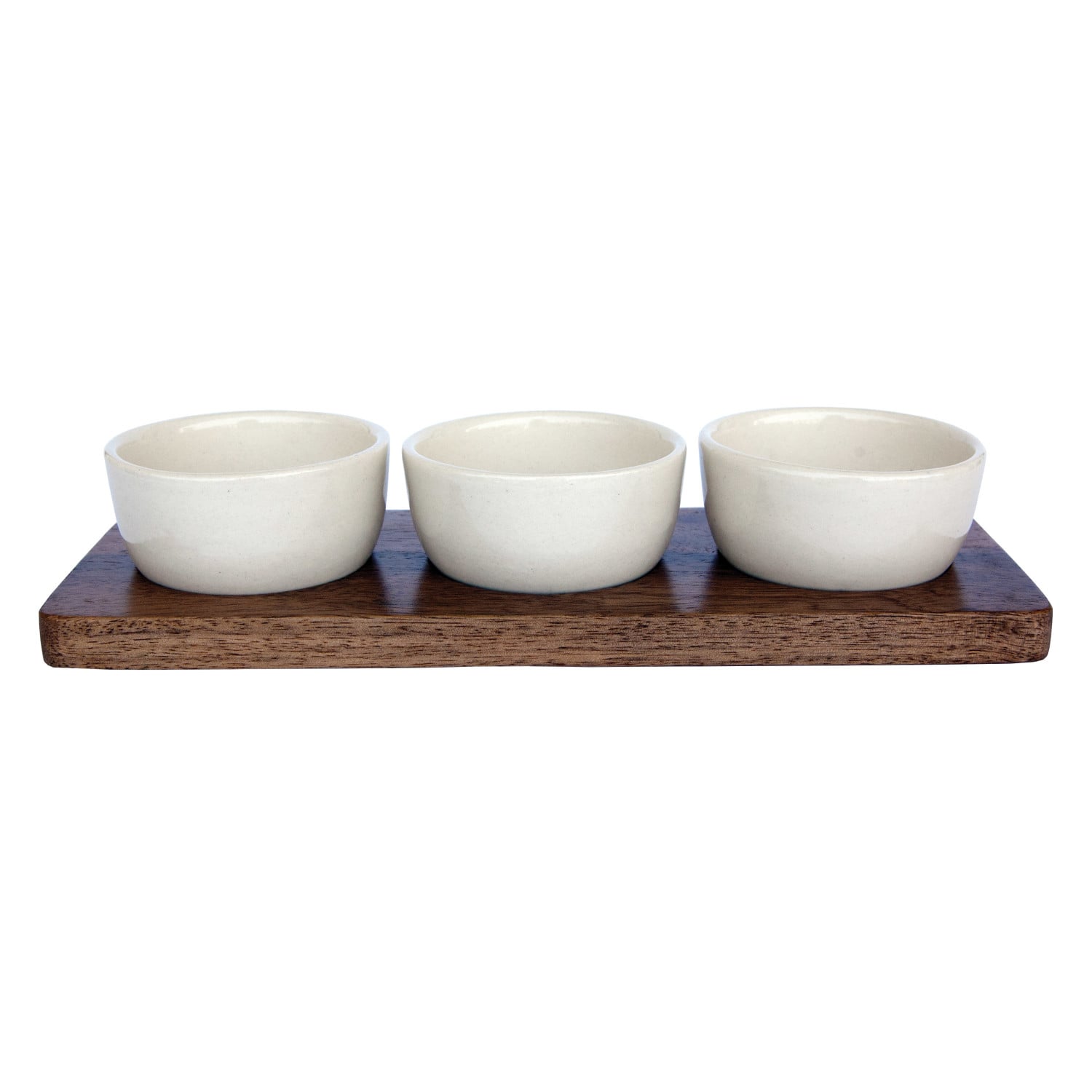 Cream Stoneware Dip Bowls with Mango Wood Tray