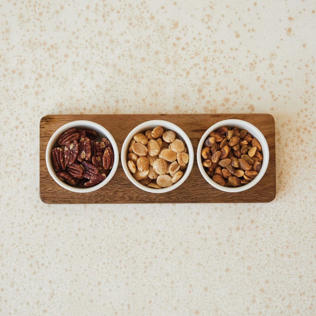 Cream Stoneware Dip Bowls with Mango Wood Tray