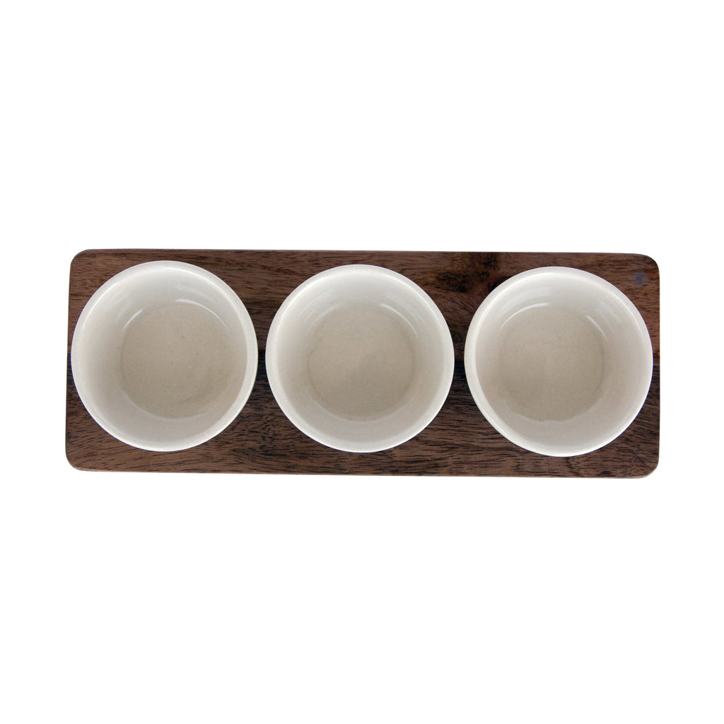 Cream Stoneware Dip Bowls with Mango Wood Tray