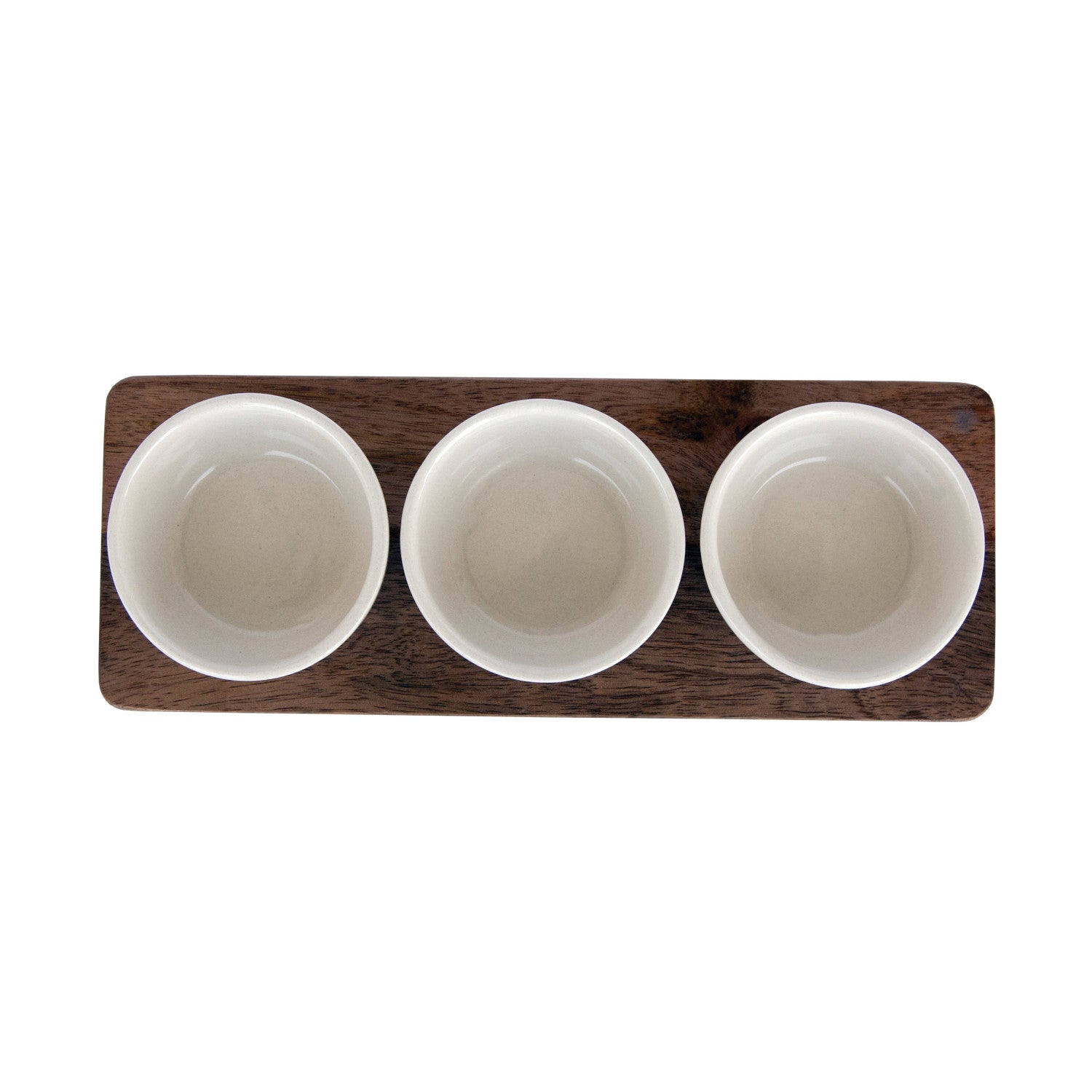 Cream Stoneware Dip Bowls with Mango Wood Tray
