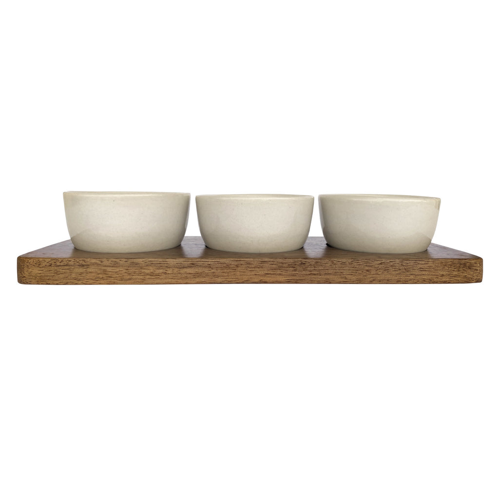 Cream Stoneware Dip Bowls with Mango Wood Tray