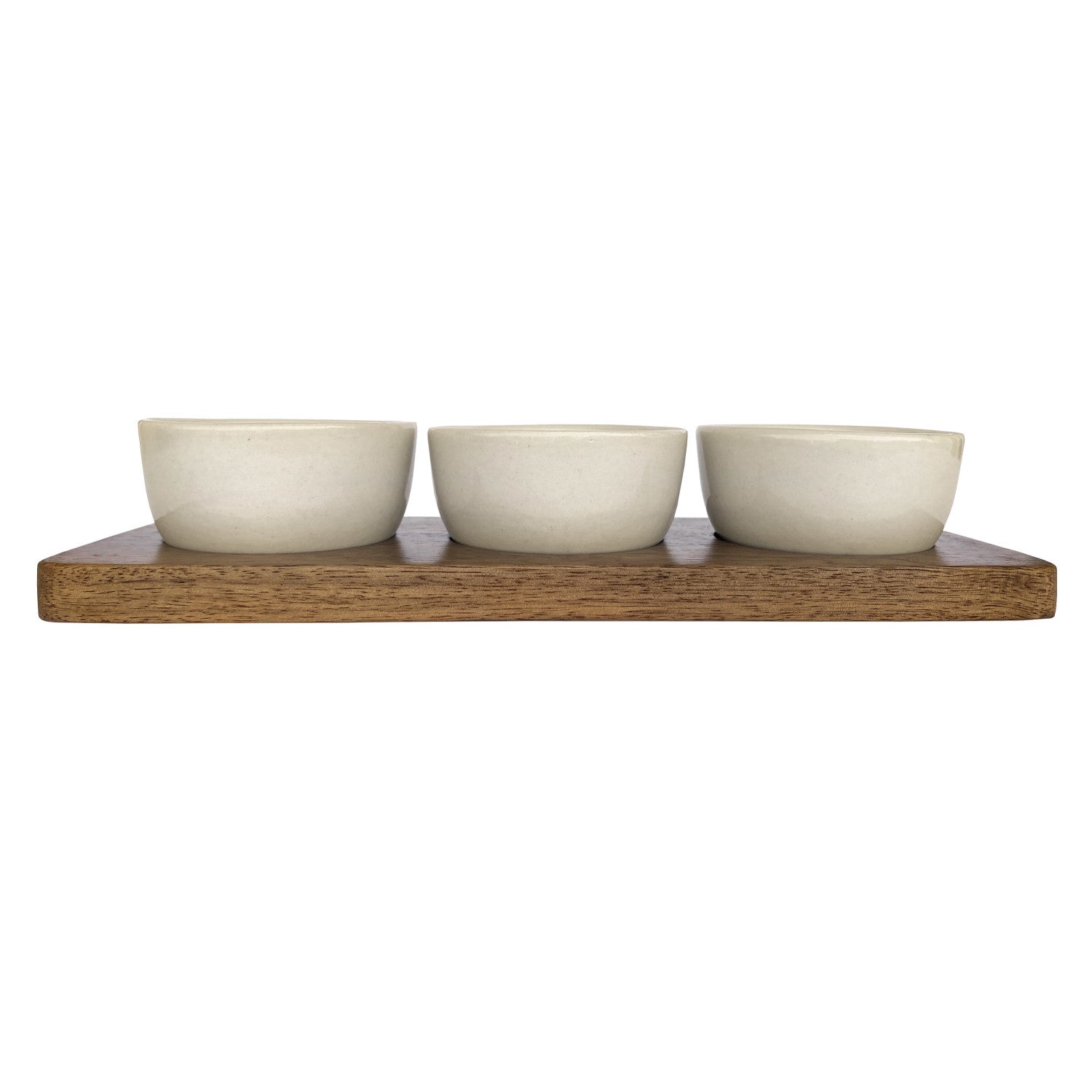 Cream Stoneware Dip Bowls with Mango Wood Tray