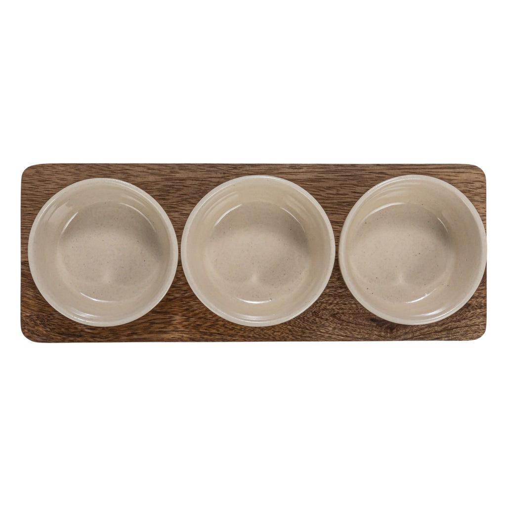 Cream Stoneware Dip Bowls with Mango Wood Tray