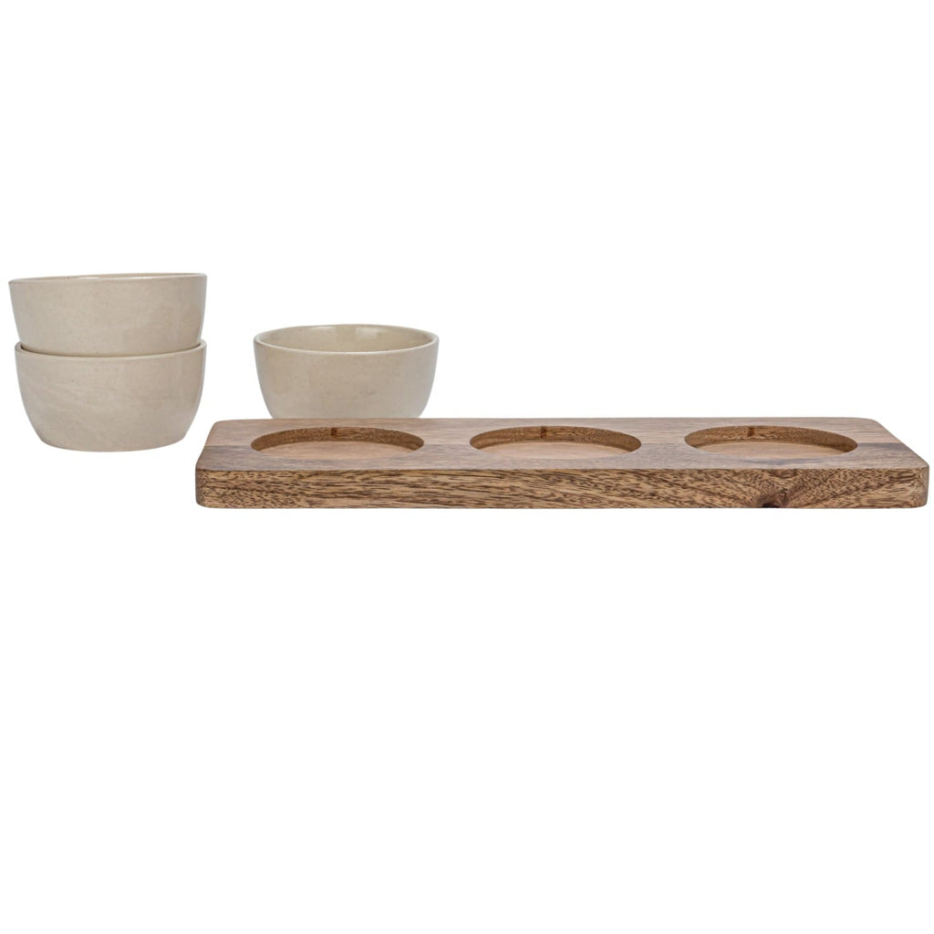 Cream Stoneware Dip Bowls with Mango Wood Tray