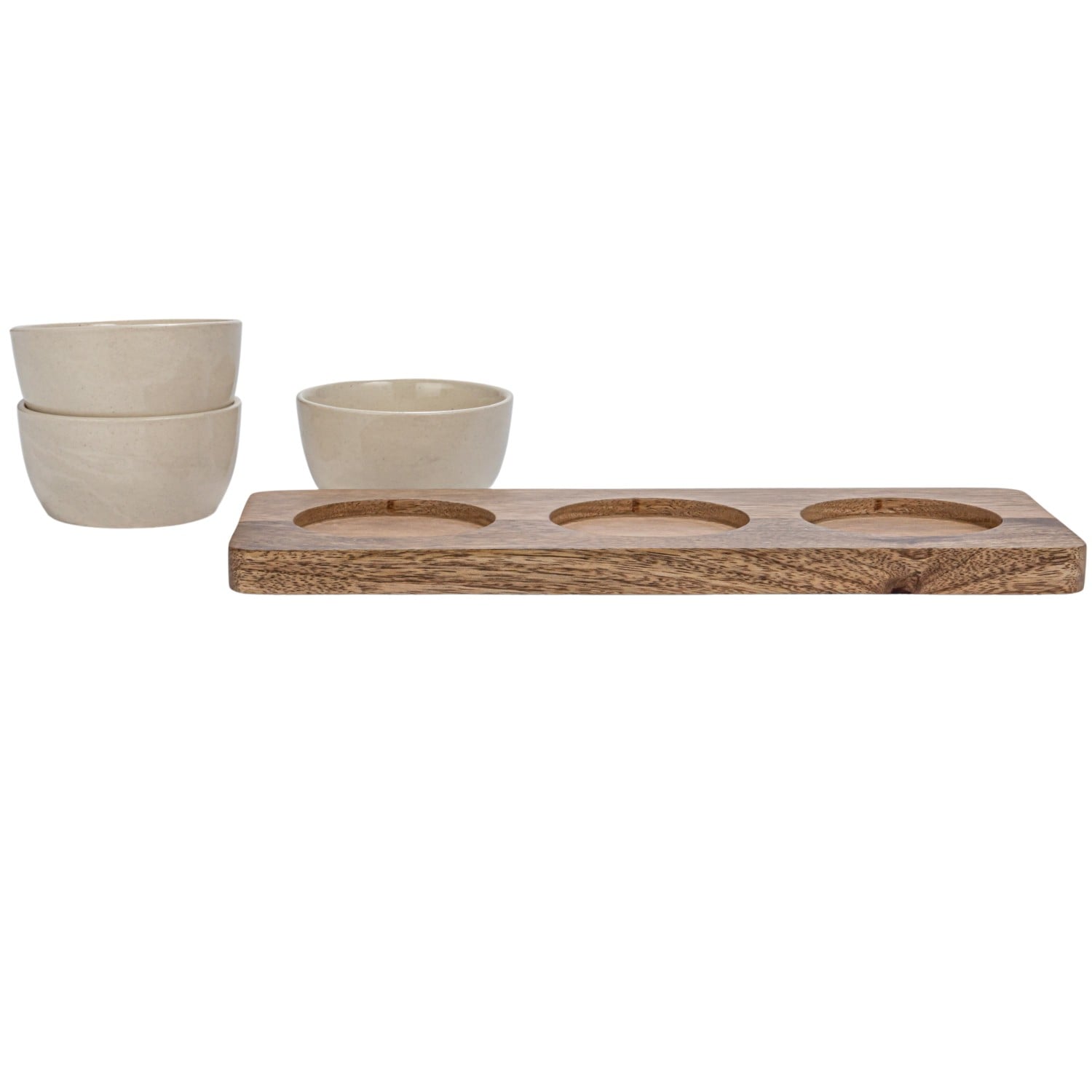Cream Stoneware Dip Bowls with Mango Wood Tray