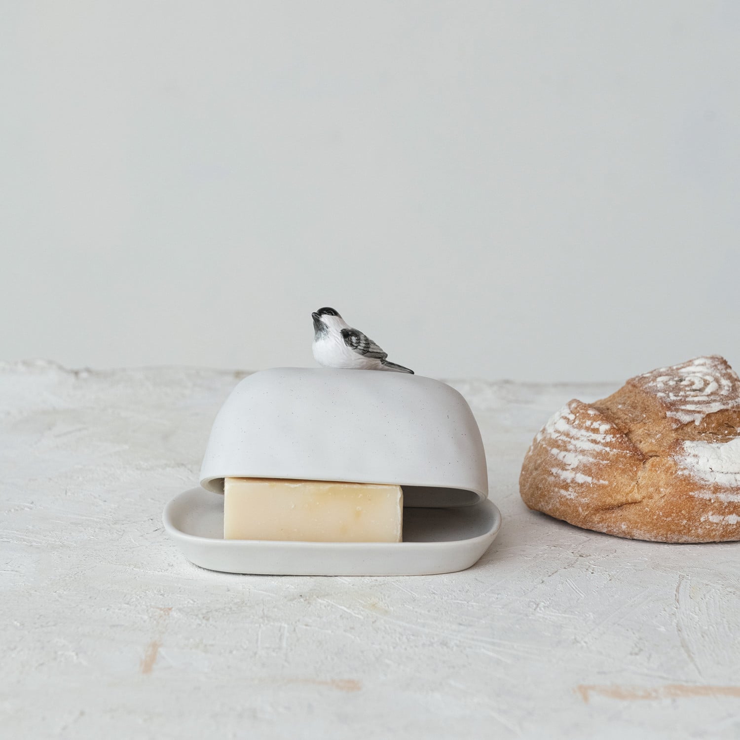 Perched Bird Stoneware Butter Dish