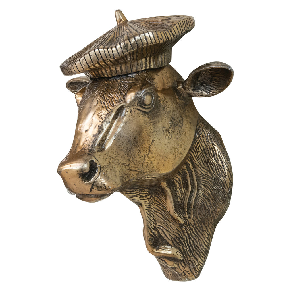 Antique Gold Cow with Beret Wall Sculpture