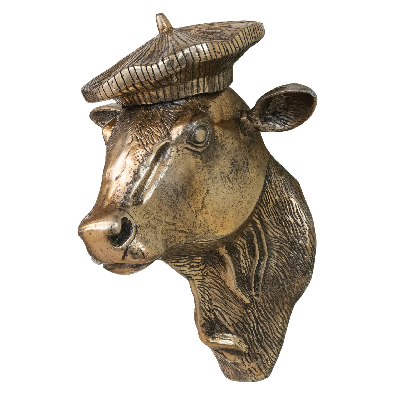 Antique Gold Cow with Beret Wall Sculpture