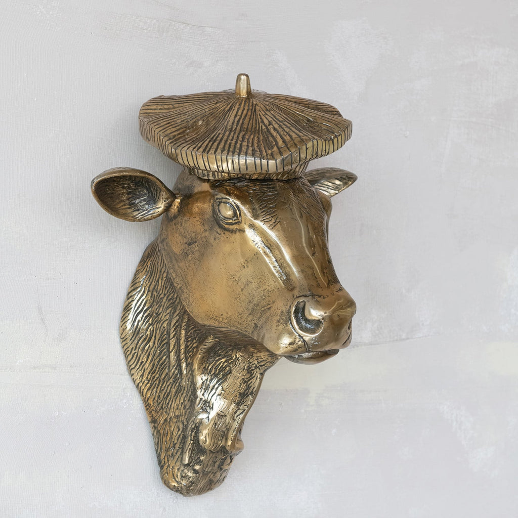 Antique Gold Cow with Beret Wall Sculpture