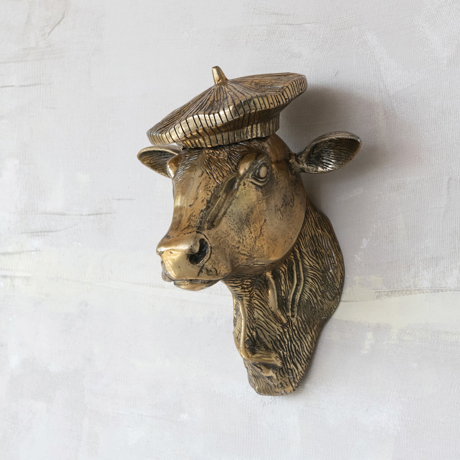 Antique Gold Cow with Beret Wall Sculpture