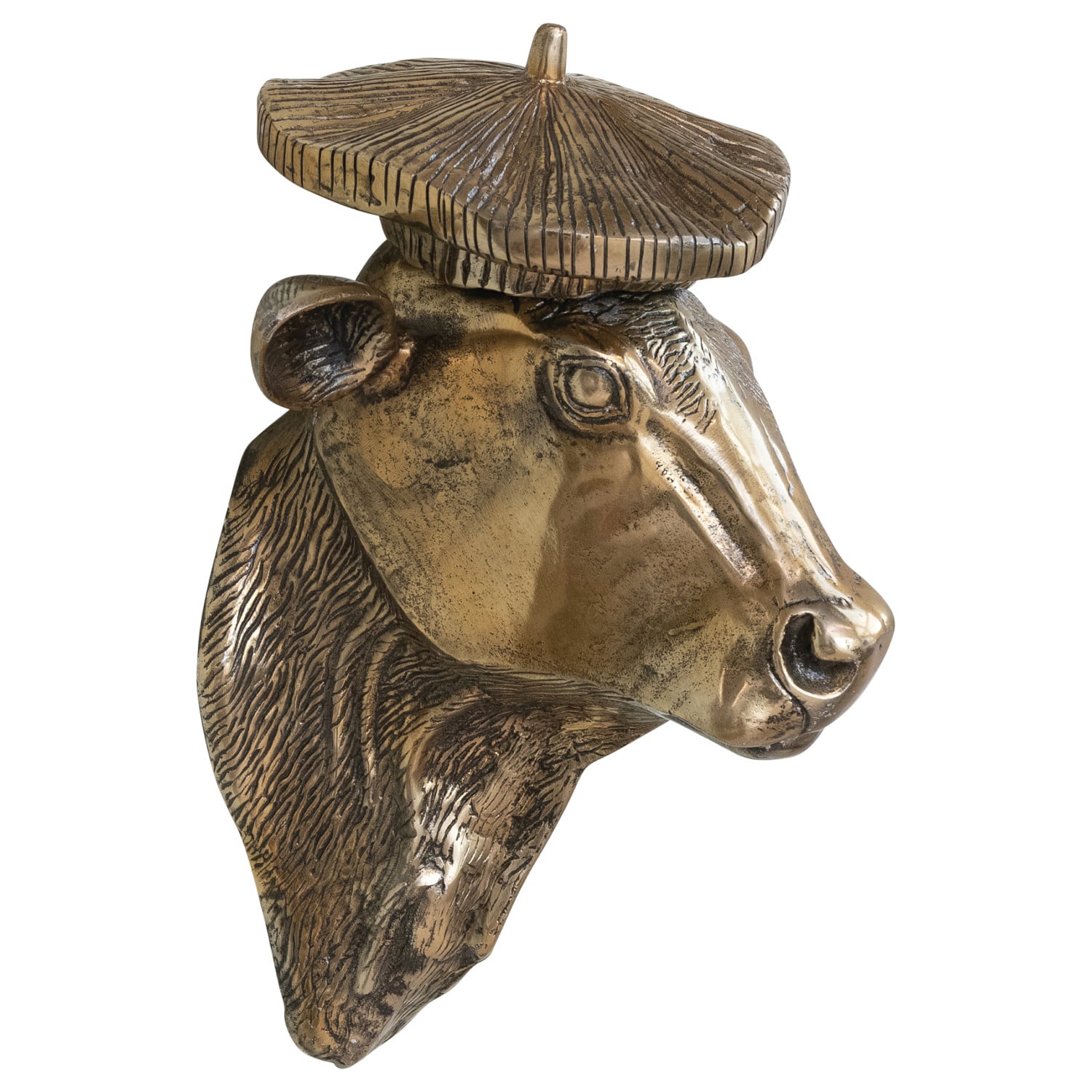 Antique Gold Cow with Beret Wall Sculpture