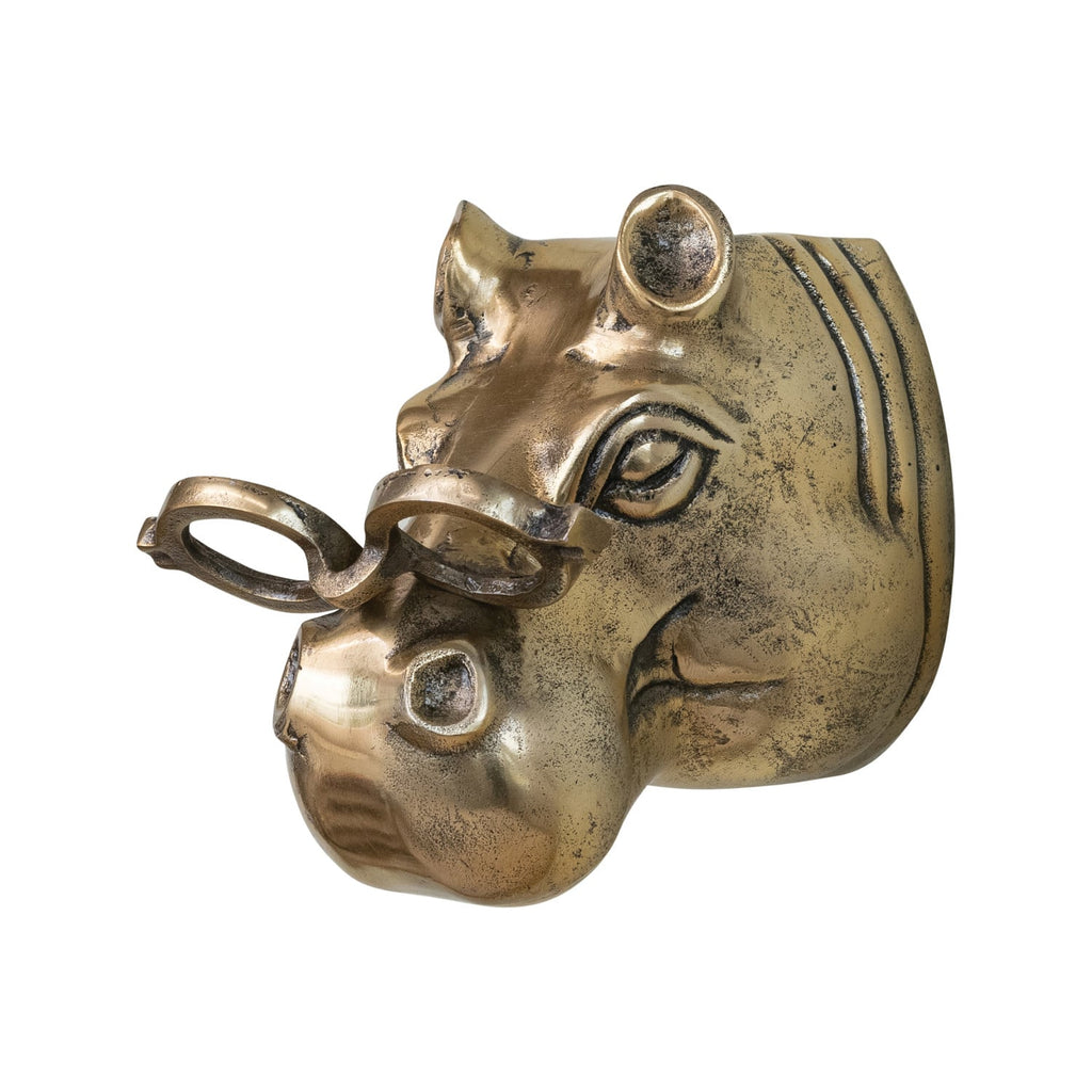 Antique Brass Hippo Wall Sculpture with Glasses