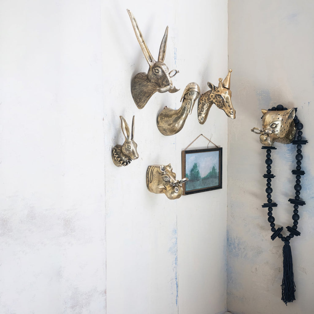 Antique Brass Hippo Wall Sculpture with Glasses
