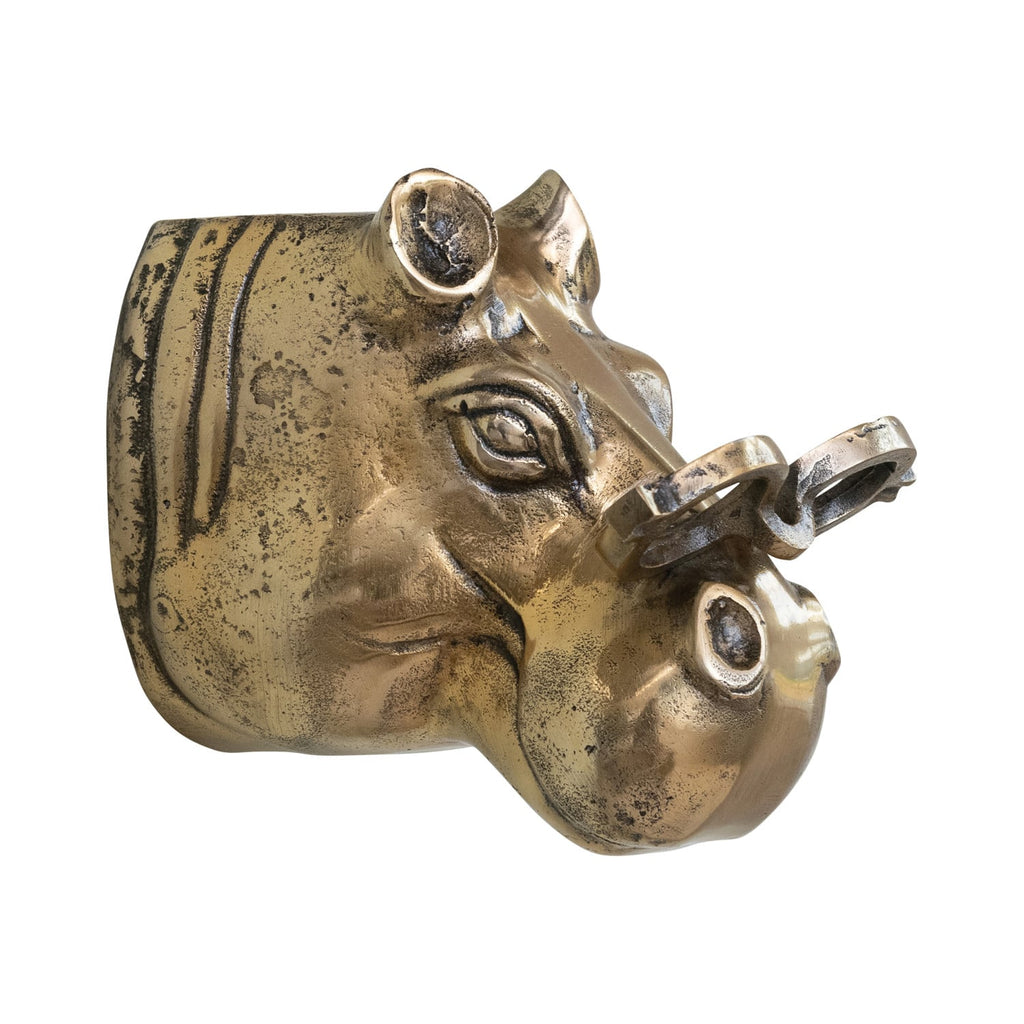 Antique Brass Hippo Wall Sculpture with Glasses