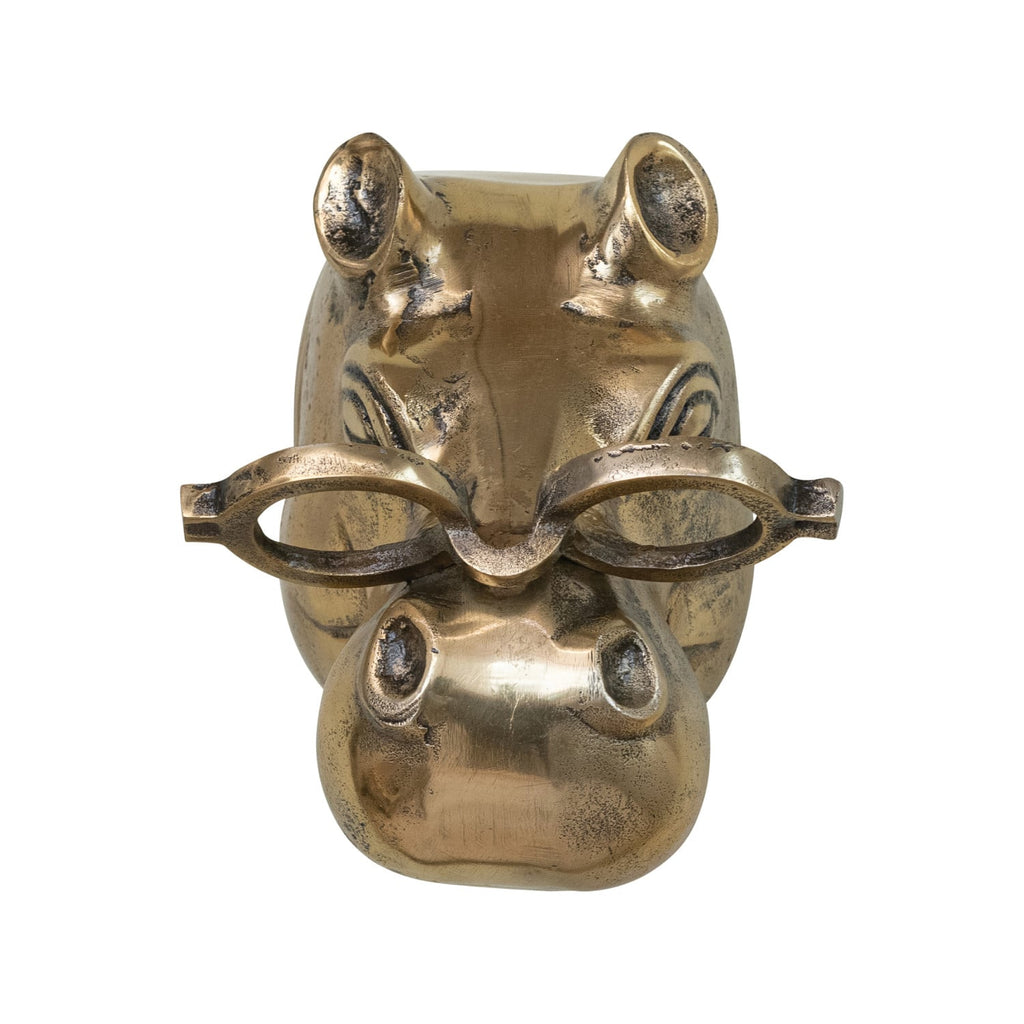 Antique Brass Hippo Wall Sculpture with Glasses